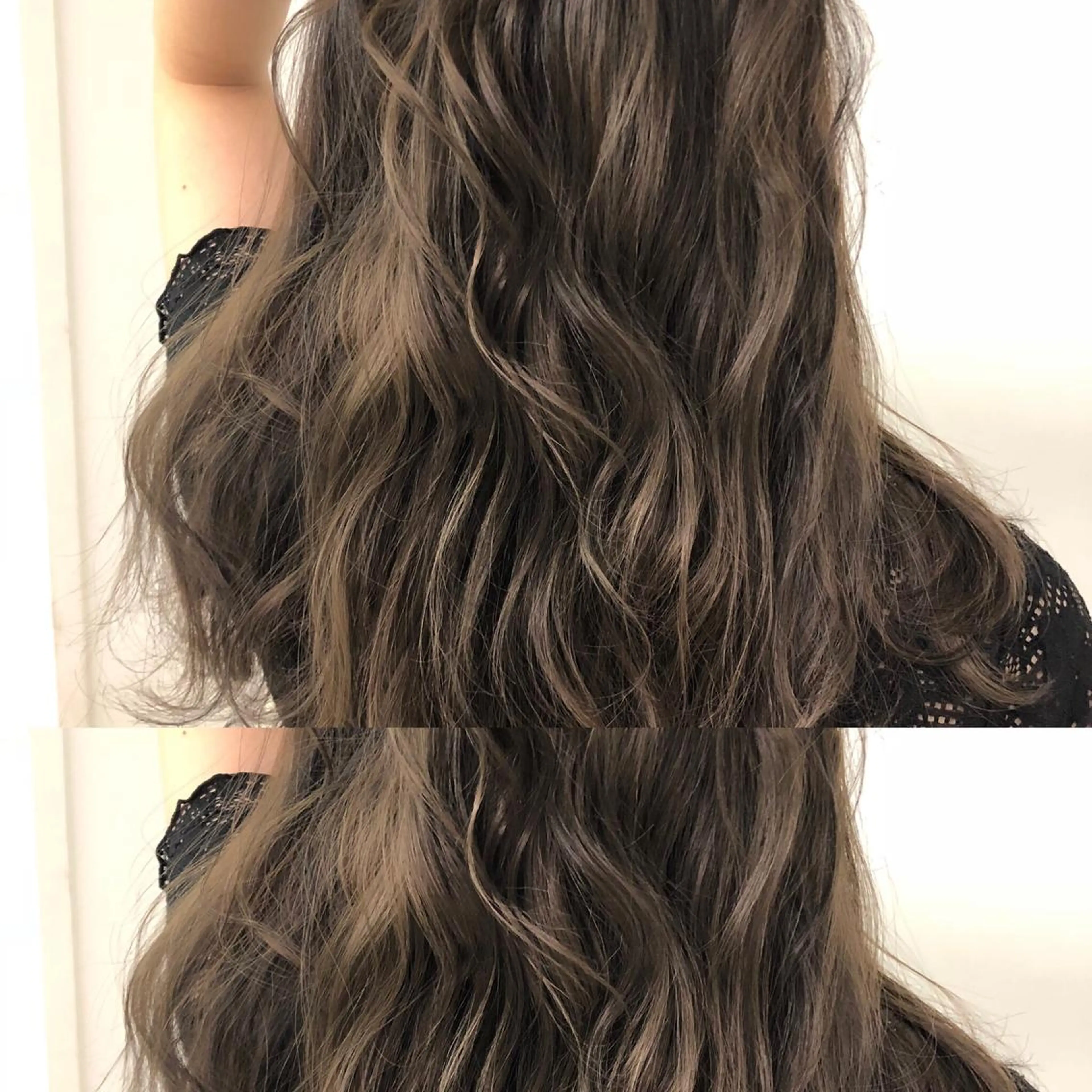 ロング カラー アッシュ バレイヤージュ ブリーチ グラデーションカラー グレージュ レイヤー/韓国/ 顔周り/しんやのヘアスタイル