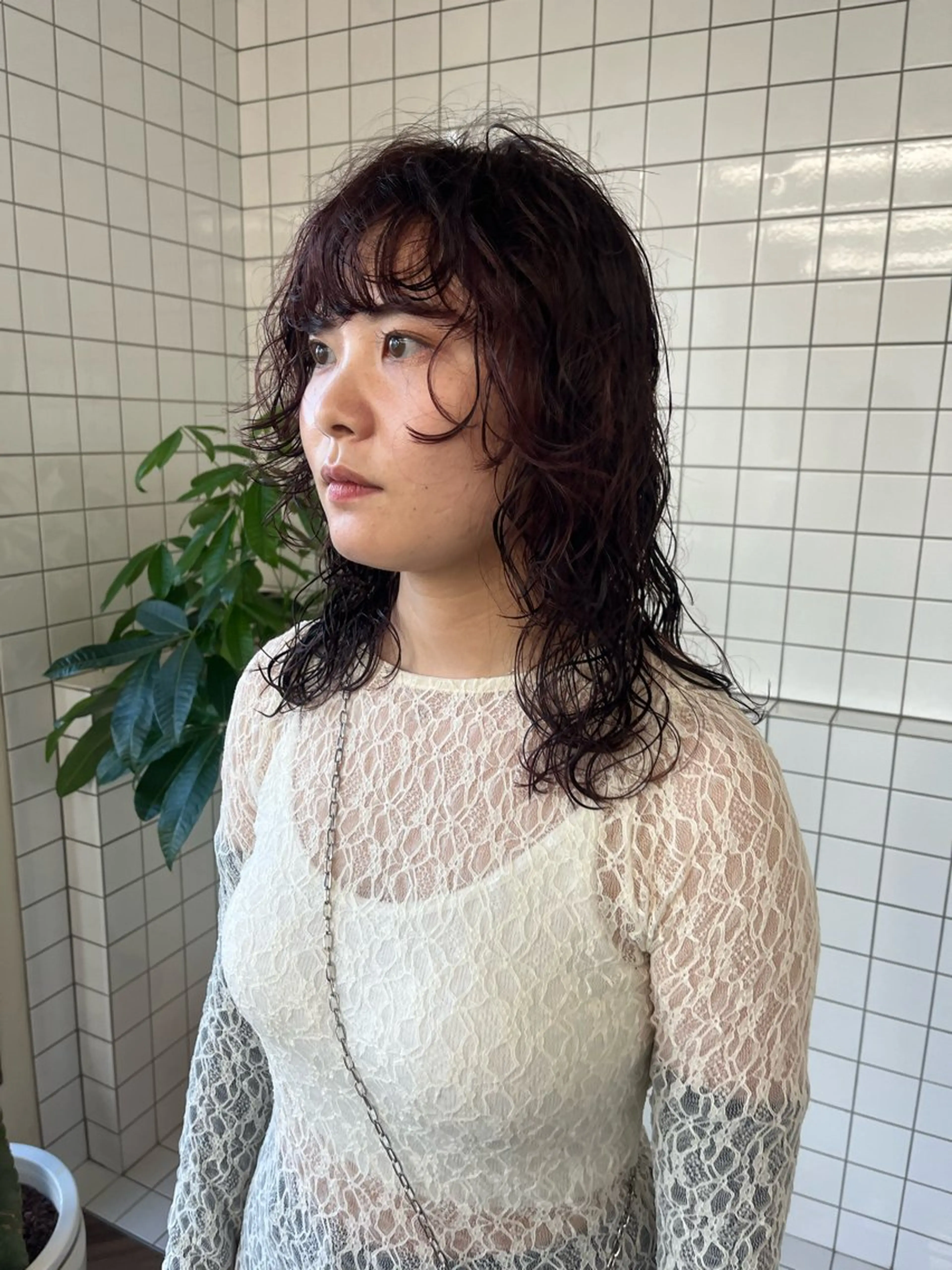 ミディアム カラー パーマ ミディアムパーマ カシス レイヤーカット カット ヘアカラー パーマ ボブパーマ/パーマ ウルフパーマのヘアスタイル