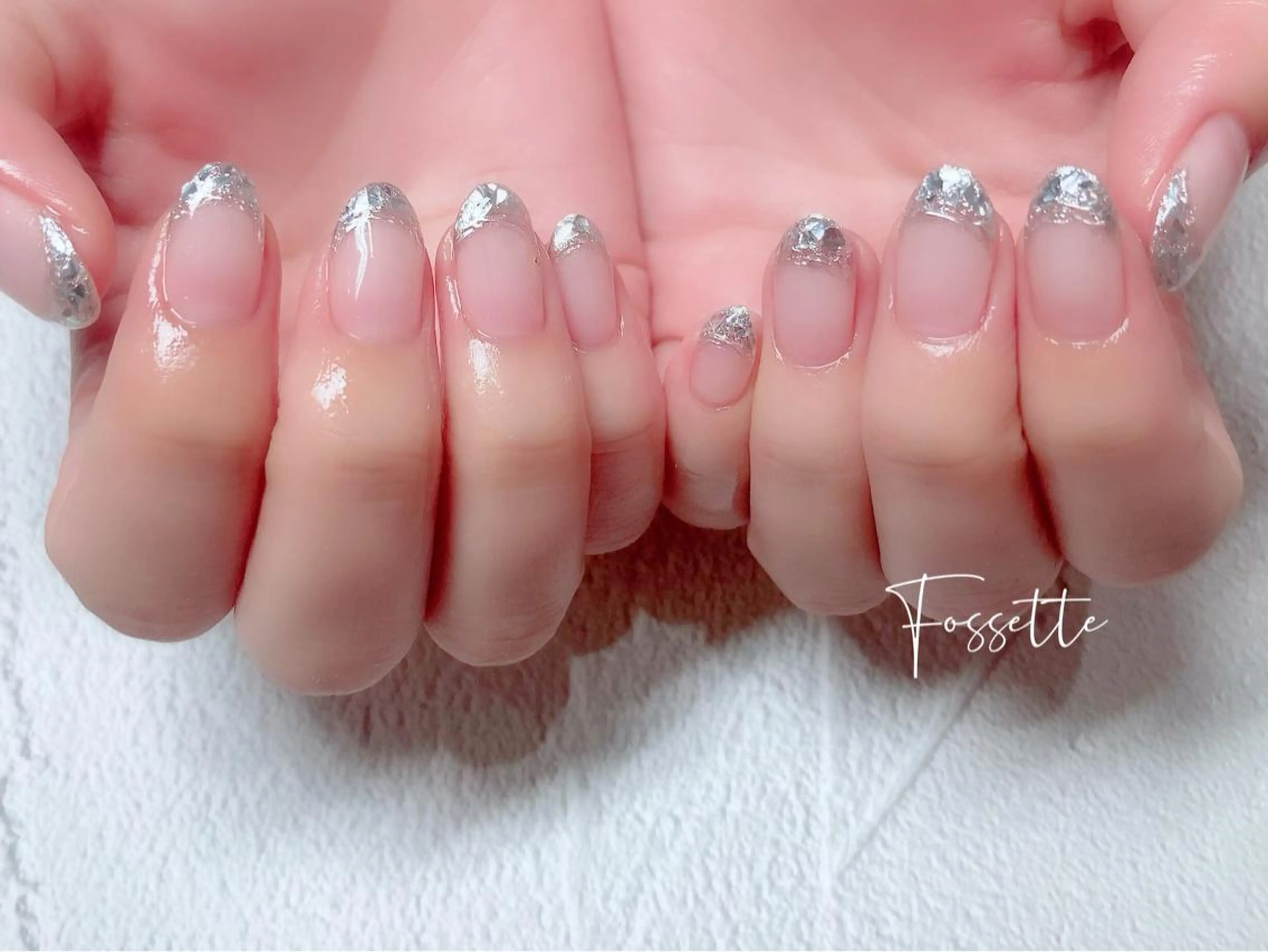 ネイル クリアネイル フレンチネイル ガラスフレンチ キラキラネイル ミラーネイル nailsalon Fossetteのネイルデザイン