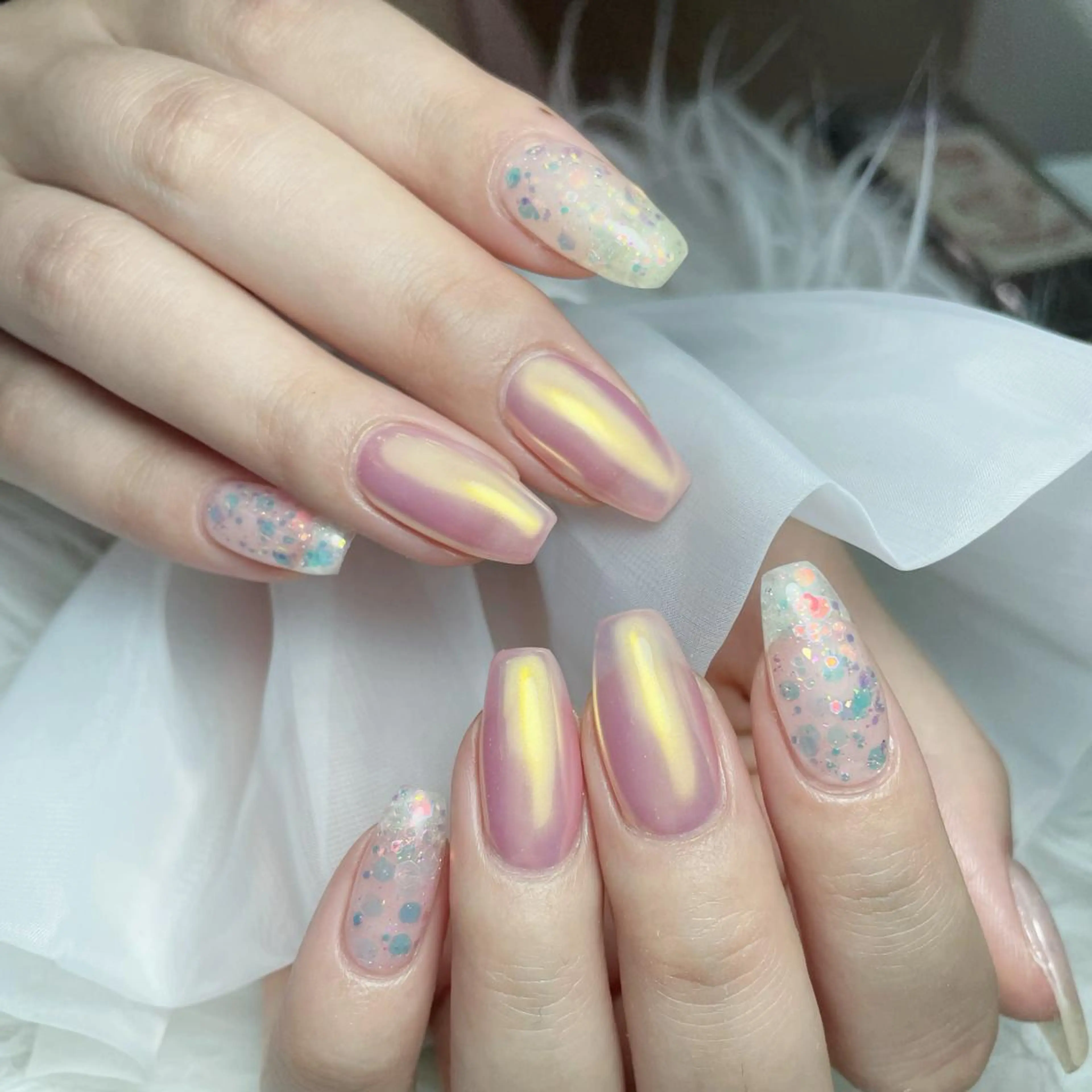 ネイル オーロラネイル フレンチネイル ハート 韓国ネイル ミラーネイル Melody Nail所属・Melody 3D/スカルプ専門店のネイルデザイン