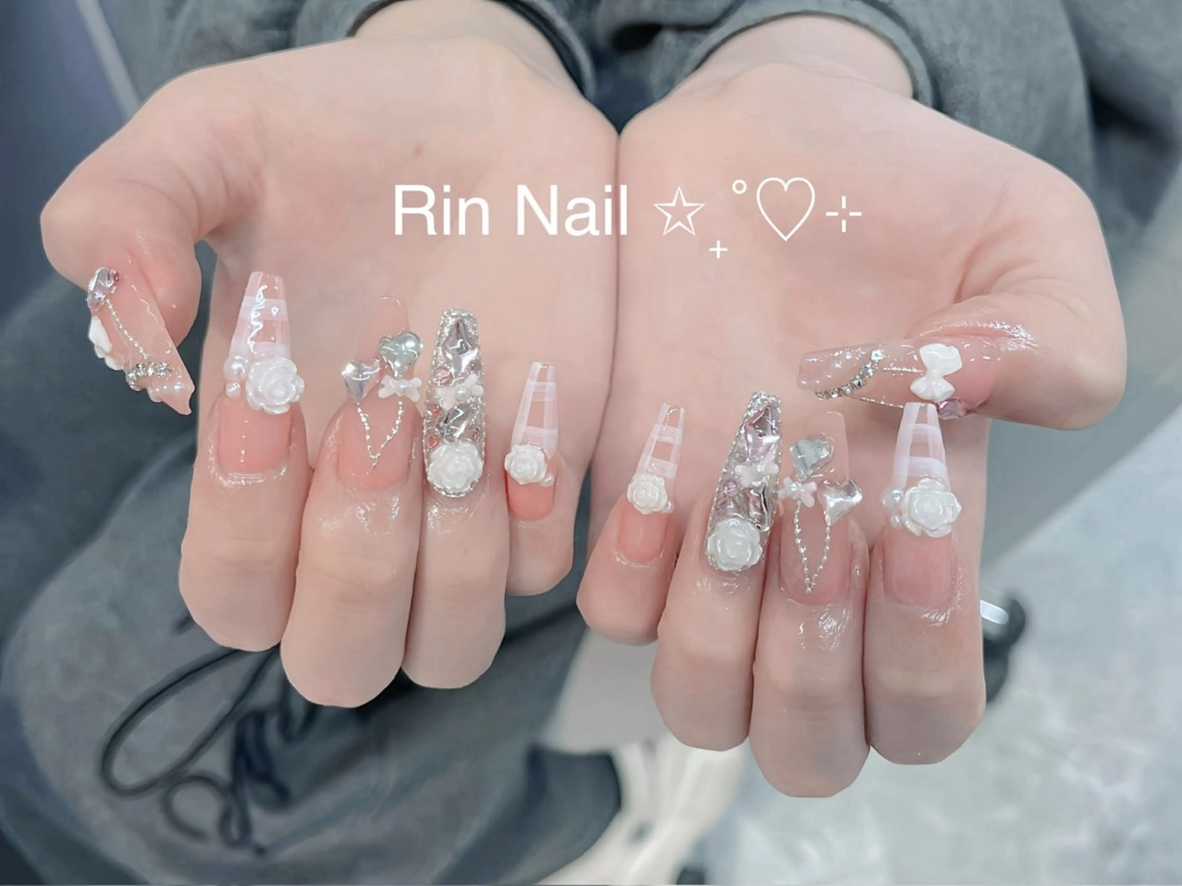 ネイル アートネイル 成人式 ロングネイル ニュアンスネイル スカルプネイル ハンドネイル Rin Nail 新大久保店のネイルデザイン