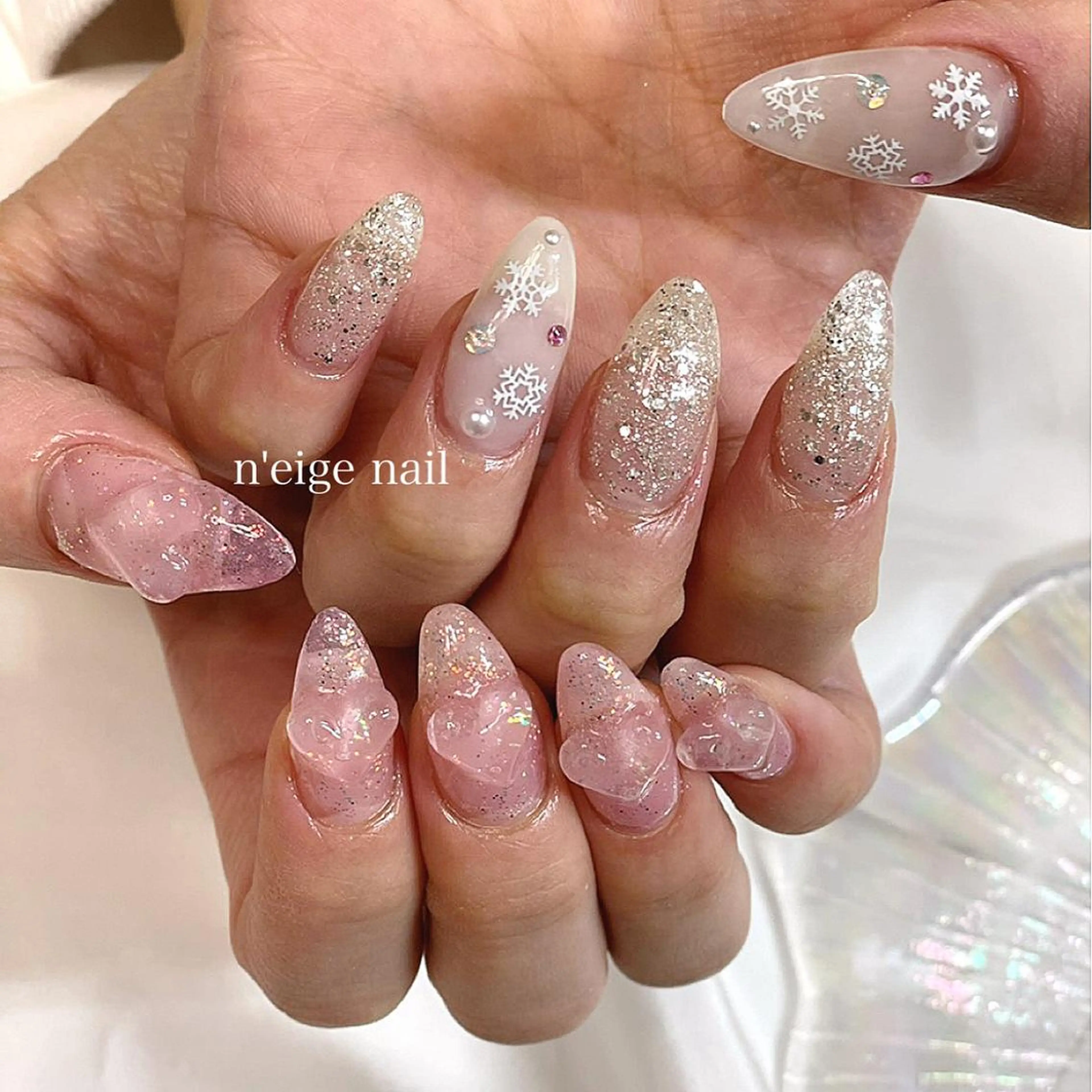 ネイル アートネイル ハート キラキラネイル 韓国ネイル ニュアンスネイル n'eige nail所属・大谷 綾香のネイルデザイン