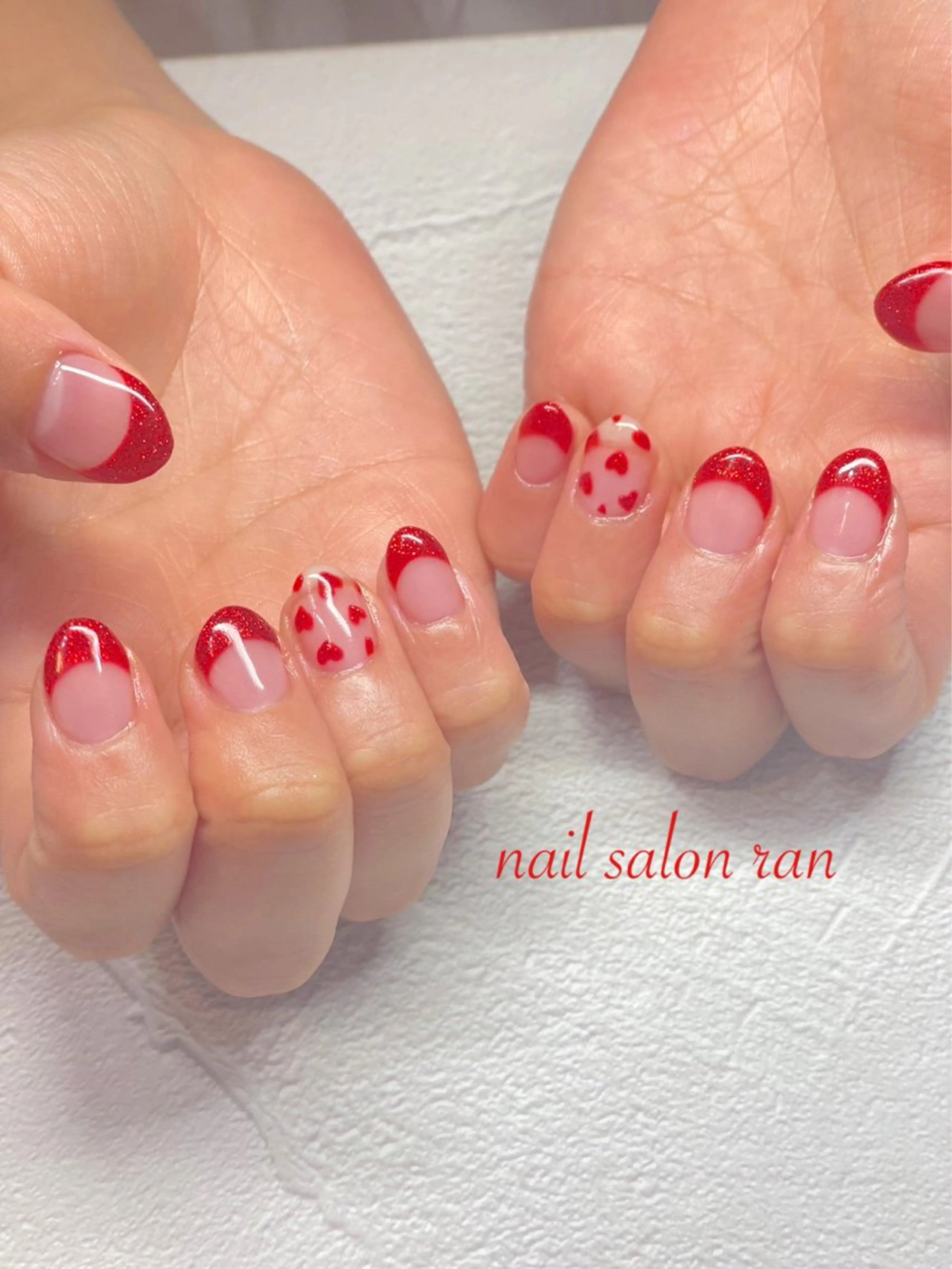 ネイル クリアネイル フレンチネイル ハート ラメ(グリッター) 赤色 ハンドネイル ハンドケア nailsalon ranのネイルデザイン