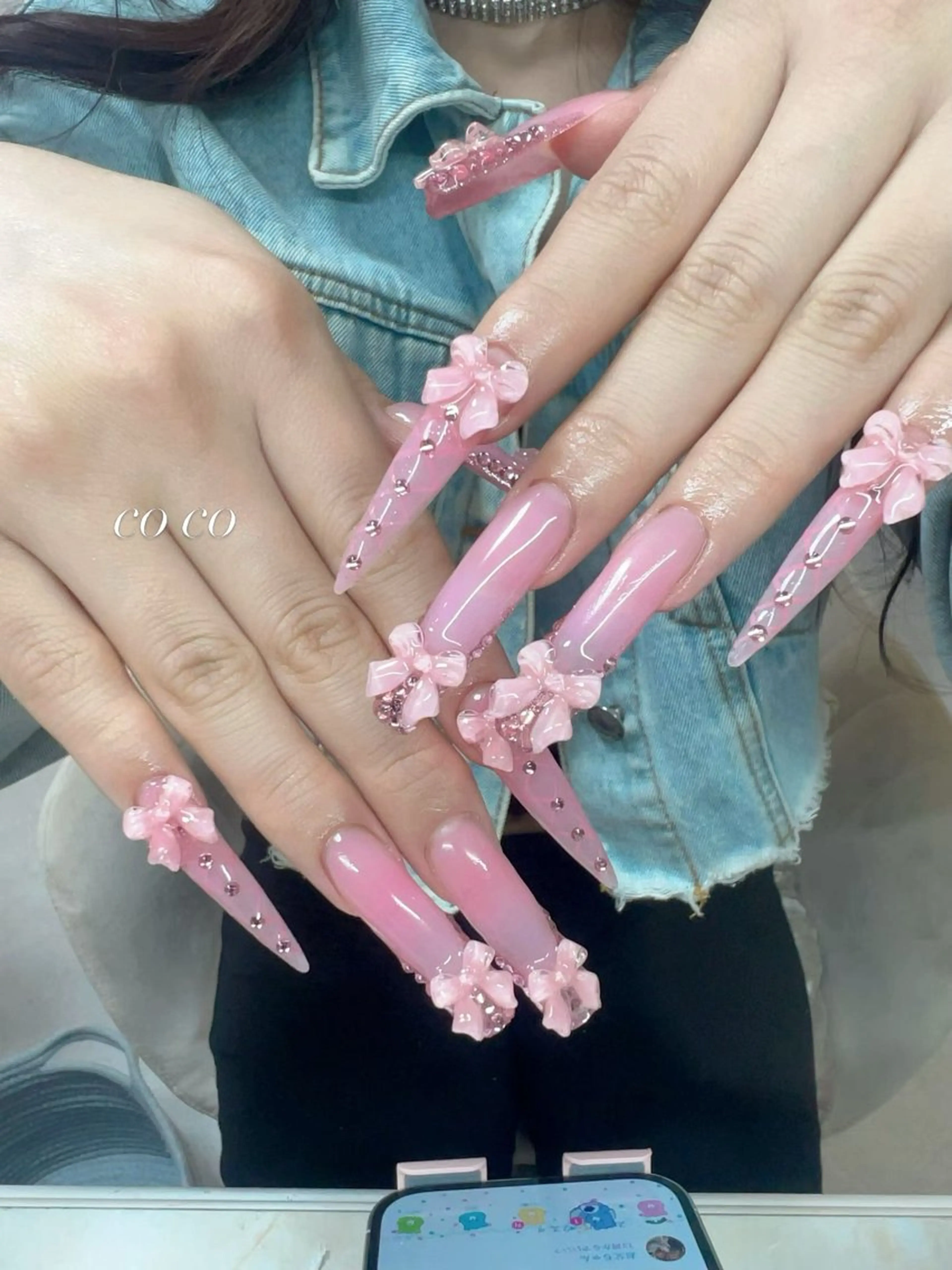 ネイル ガーリー ロングネイル ピンク リボン 春ネイル ハンドネイル ハンドケア COCO ネイルのネイルデザイン