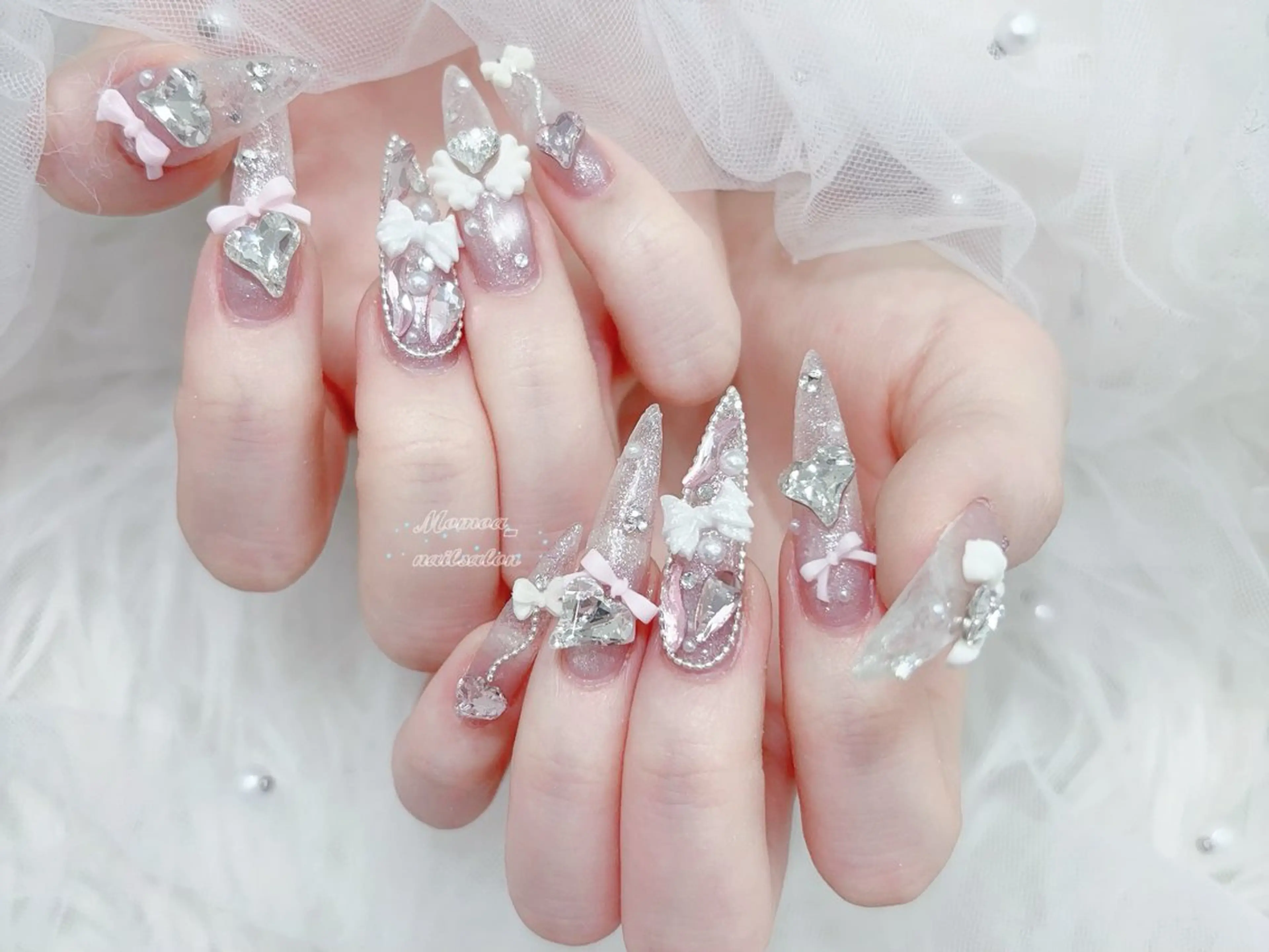 ネイル 成人式 マグネットネイル 大理石ネイル(マーブル) リボン 夏ネイル ハンドネイル MoMoA Nail ネイル長さ出し専門店のネイルデザイン