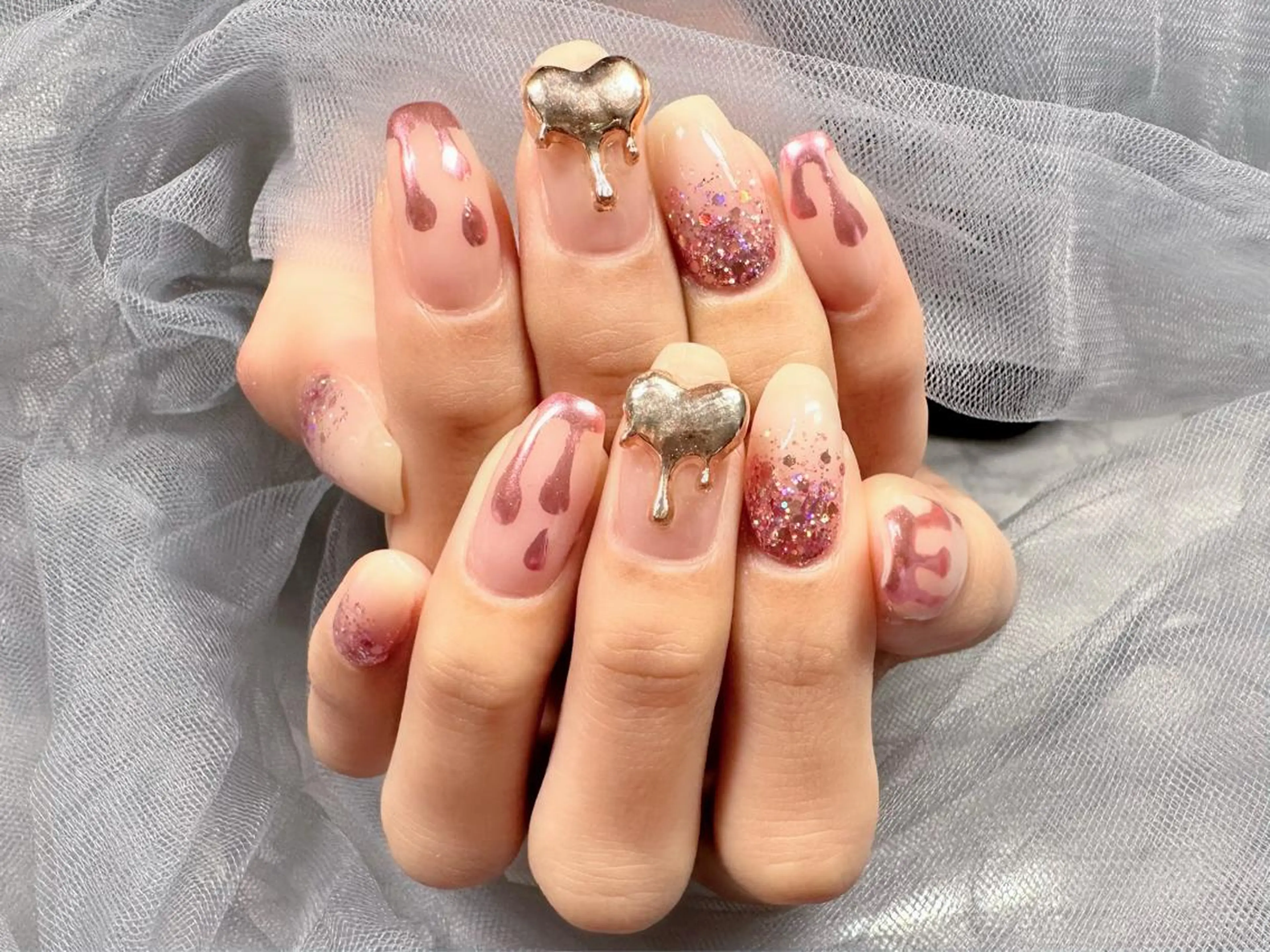 ネイル ハート ミラーネイル ピンク ハンドネイル KURELLY所属・Nail Salon KURELLYのネイルデザイン