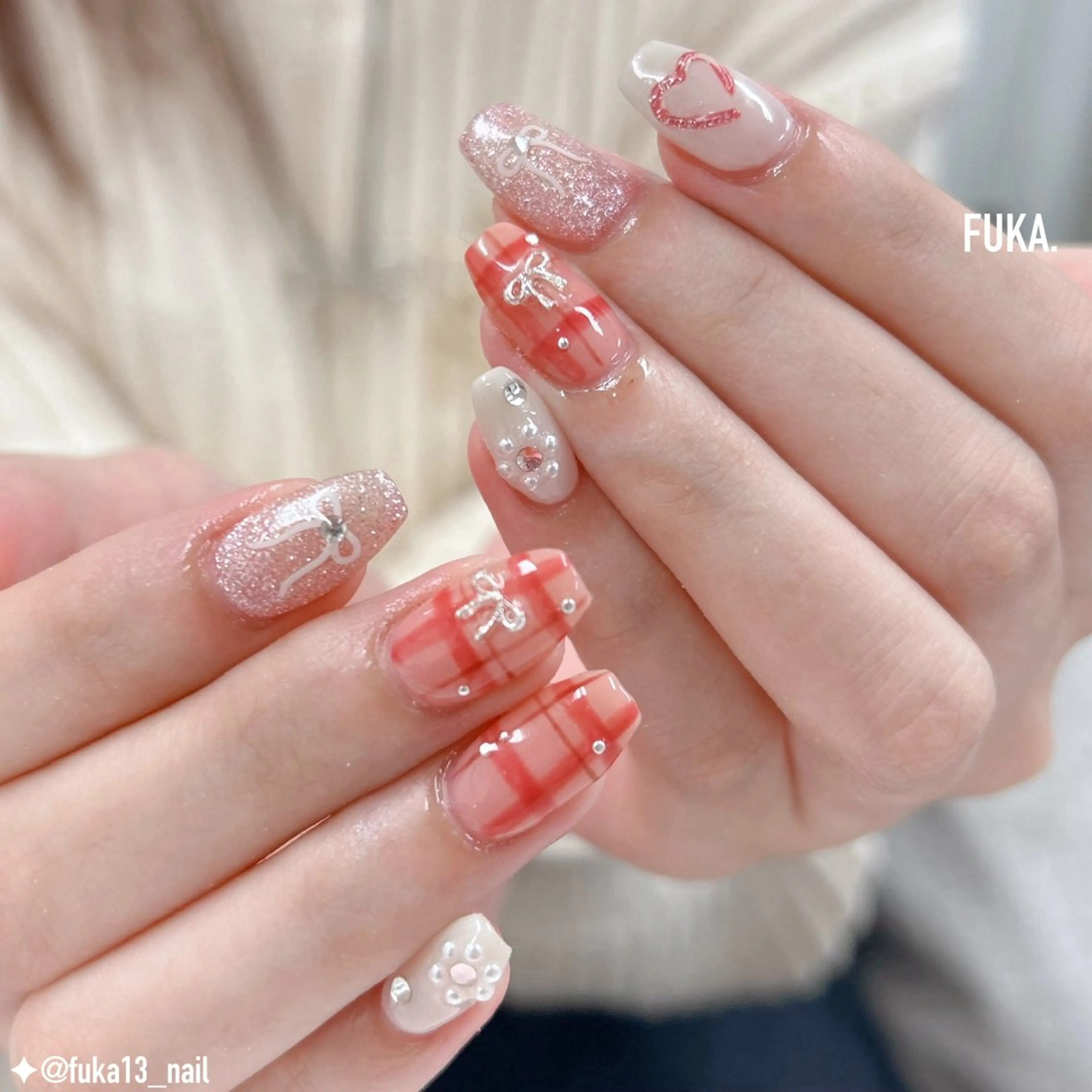 ネイル ハート 韓国ネイル 持ち込み リボン ハンドネイル ネイルサロンAnela【アネラ】所属・Nail♡Fuka. /2月予約受付中のネイルデザイン