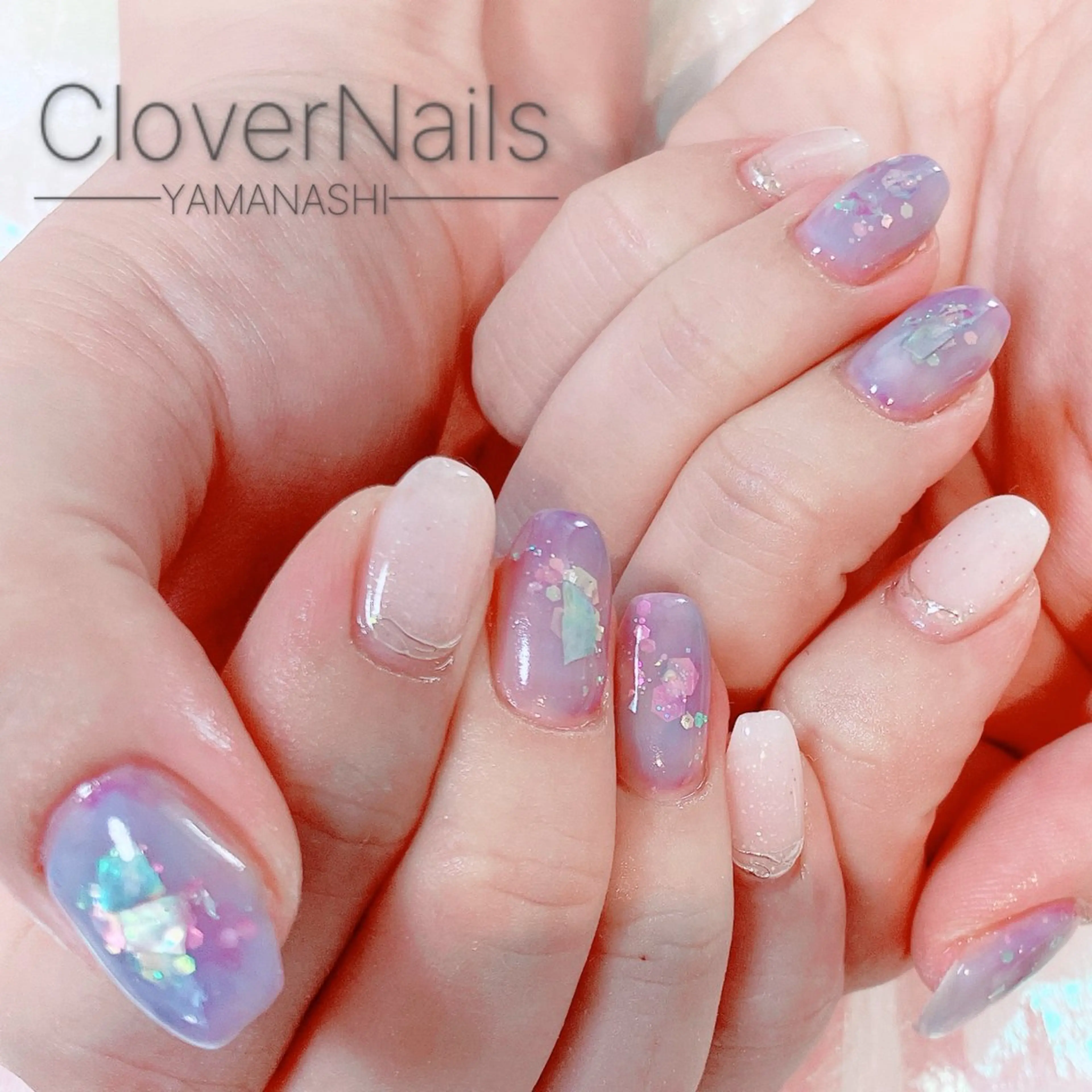 ネイル ブルー ラメ(グリッター) パープル ハンドネイル 自宅ネイルサロン クロバーネイルのネイルデザイン