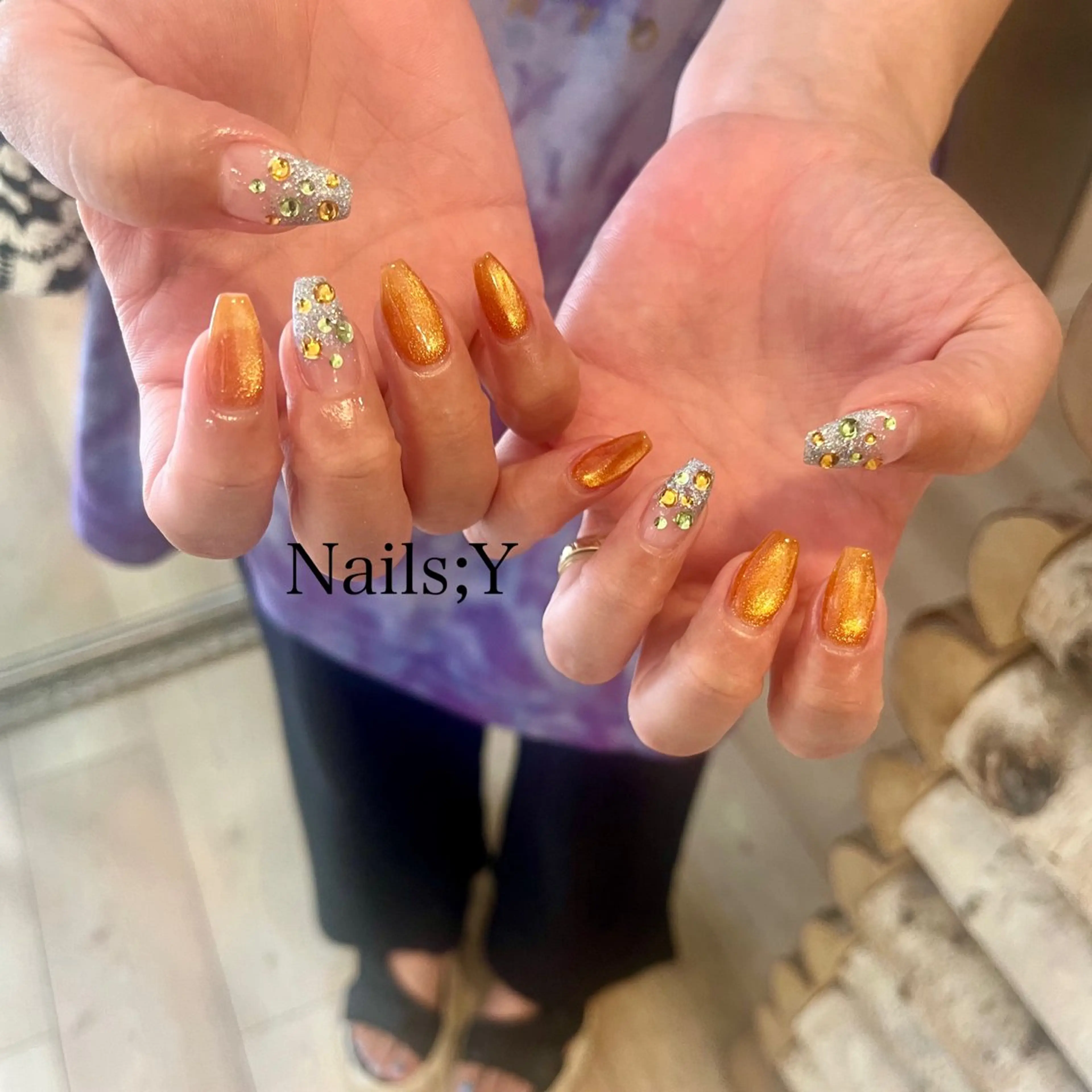 ネイル ブルー ラメ(グリッター) マグネットネイル オレンジ ハンドネイル yo koのネイルデザイン