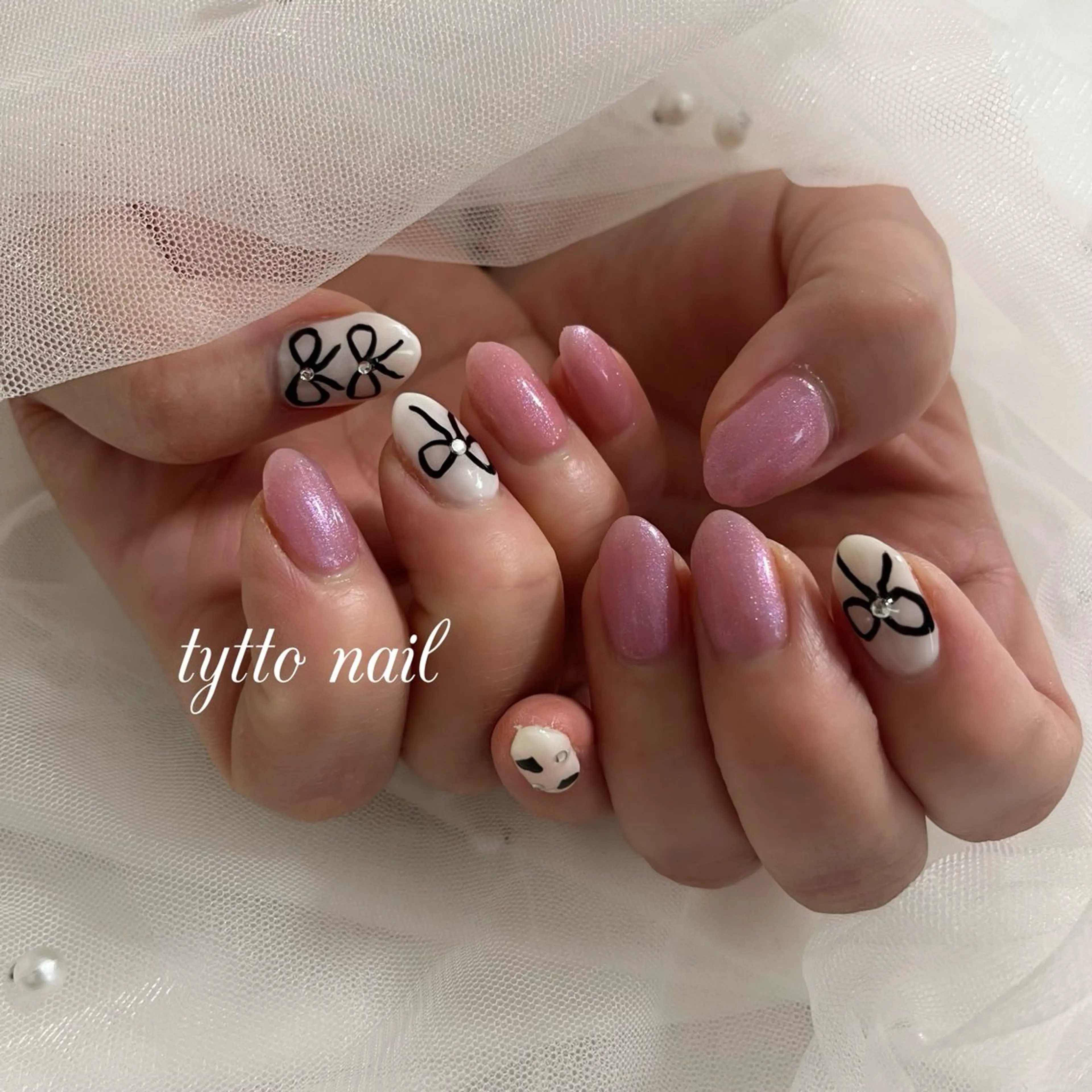 ネイル オーロラネイル オフィスネイル ワンカラーネイル ピンク リボン ハンドネイル tytto nail ❤︎‪‪eri‪‪のネイルデザイン