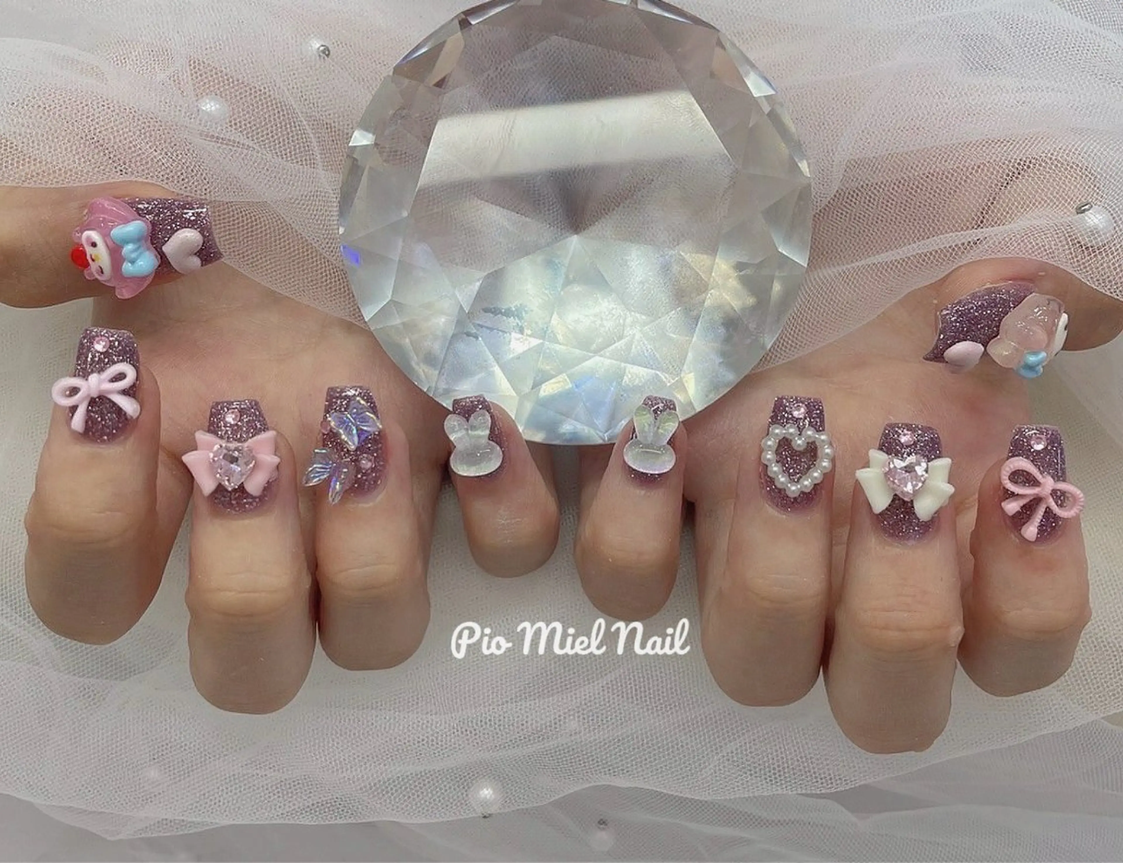 ネイル ジェルネイル ガーリー ハート キラキラネイル ラメ(グリッター) ハンドネイル HANA 長さだしのネイルデザイン