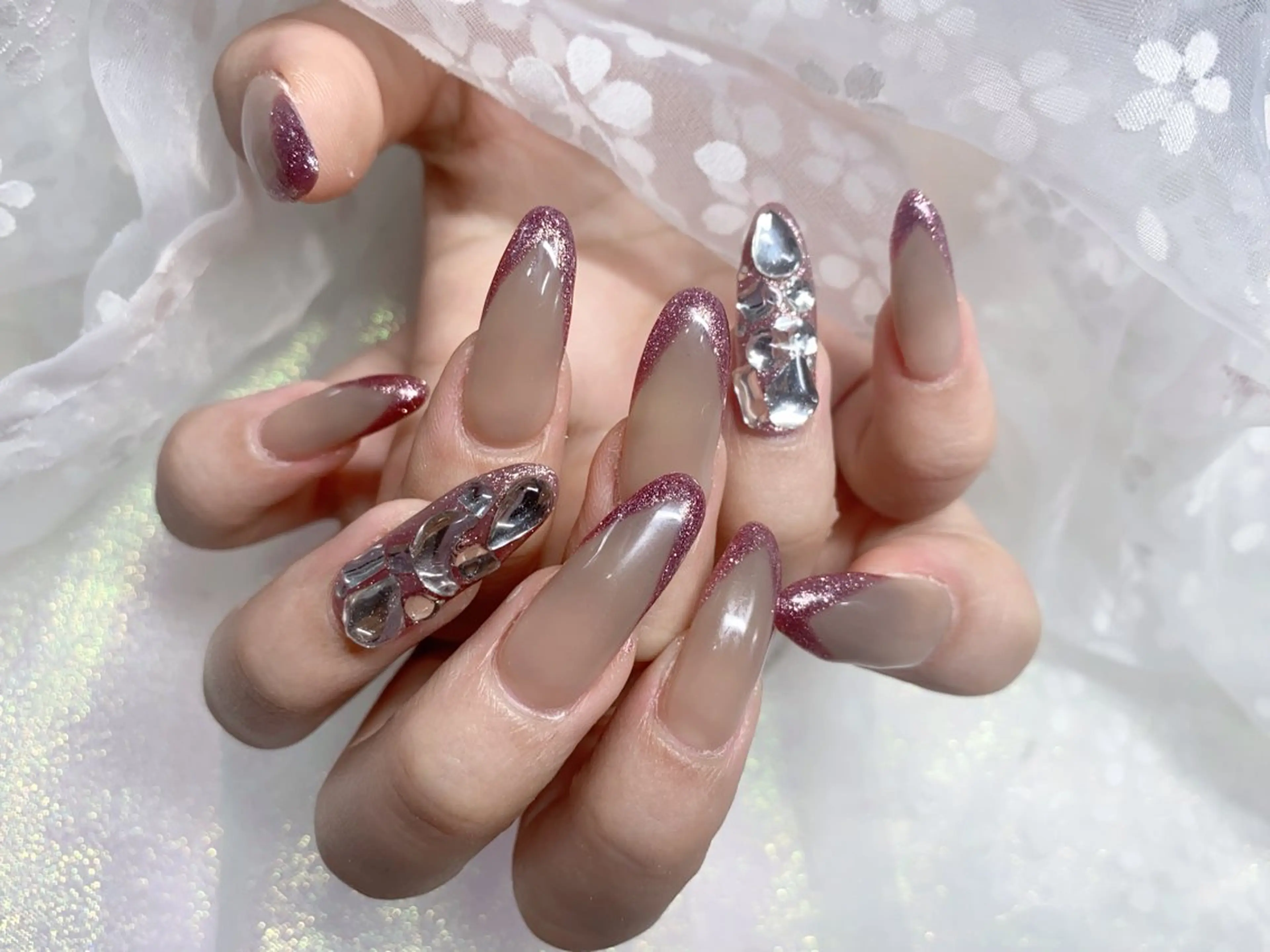 ネイル 長さ出し ジェルネイル キラキラネイル 大理石ネイル(マーブル) ニュアンスネイル Morpho nailのネイルデザイン