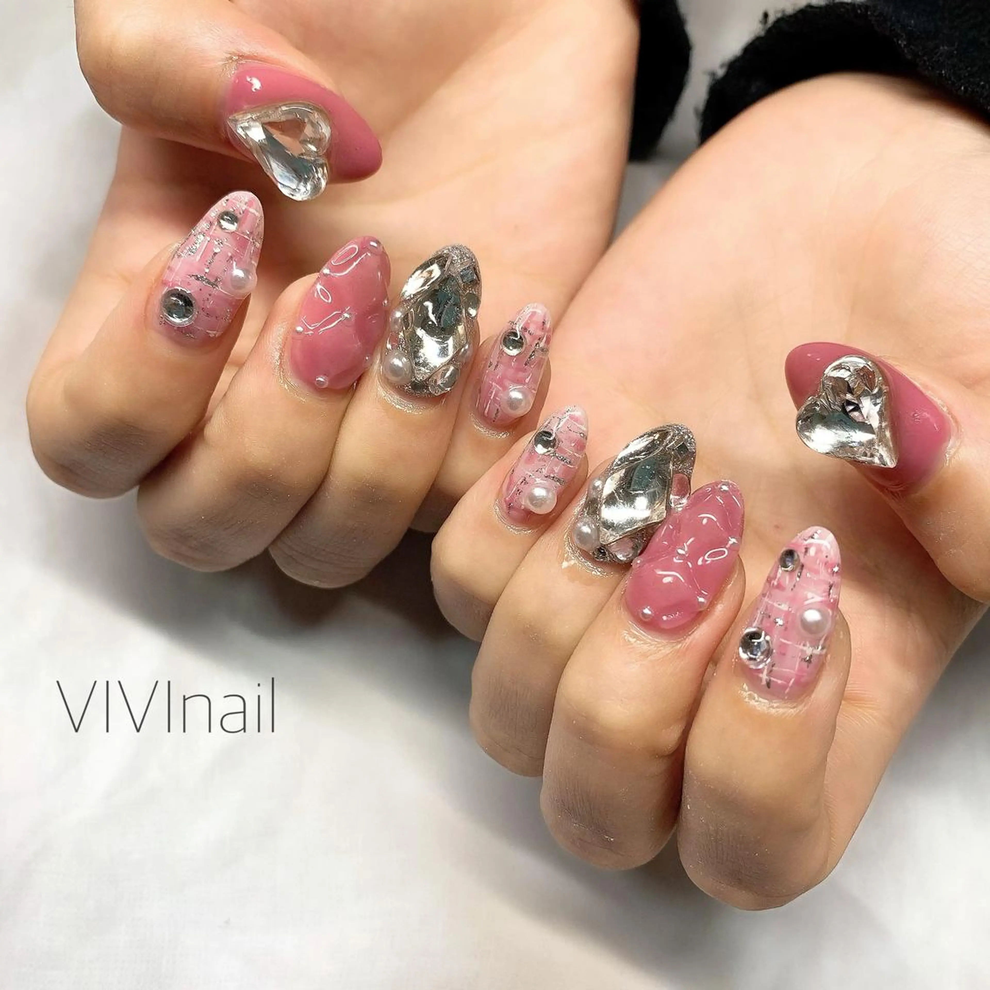 ネイル ピンク 春ネイル ツイードネイル ハンドネイル vivi nailのネイルデザイン