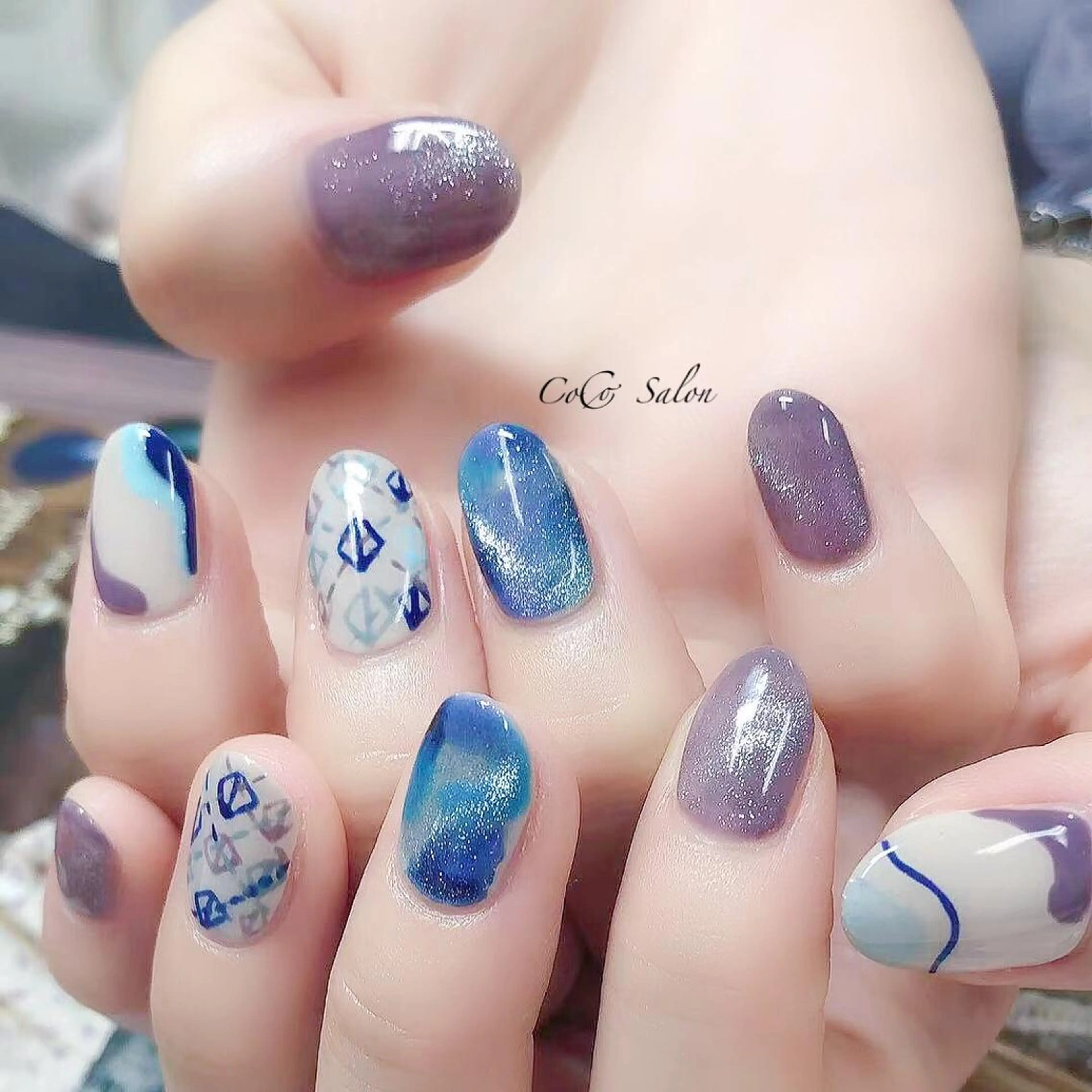 ネイル カジュアル 長さ出し ジェルネイル マグネットネイル ネイビー ハンドネイル CoCoSalon ネイル/まつ毛予約のネイルデザイン