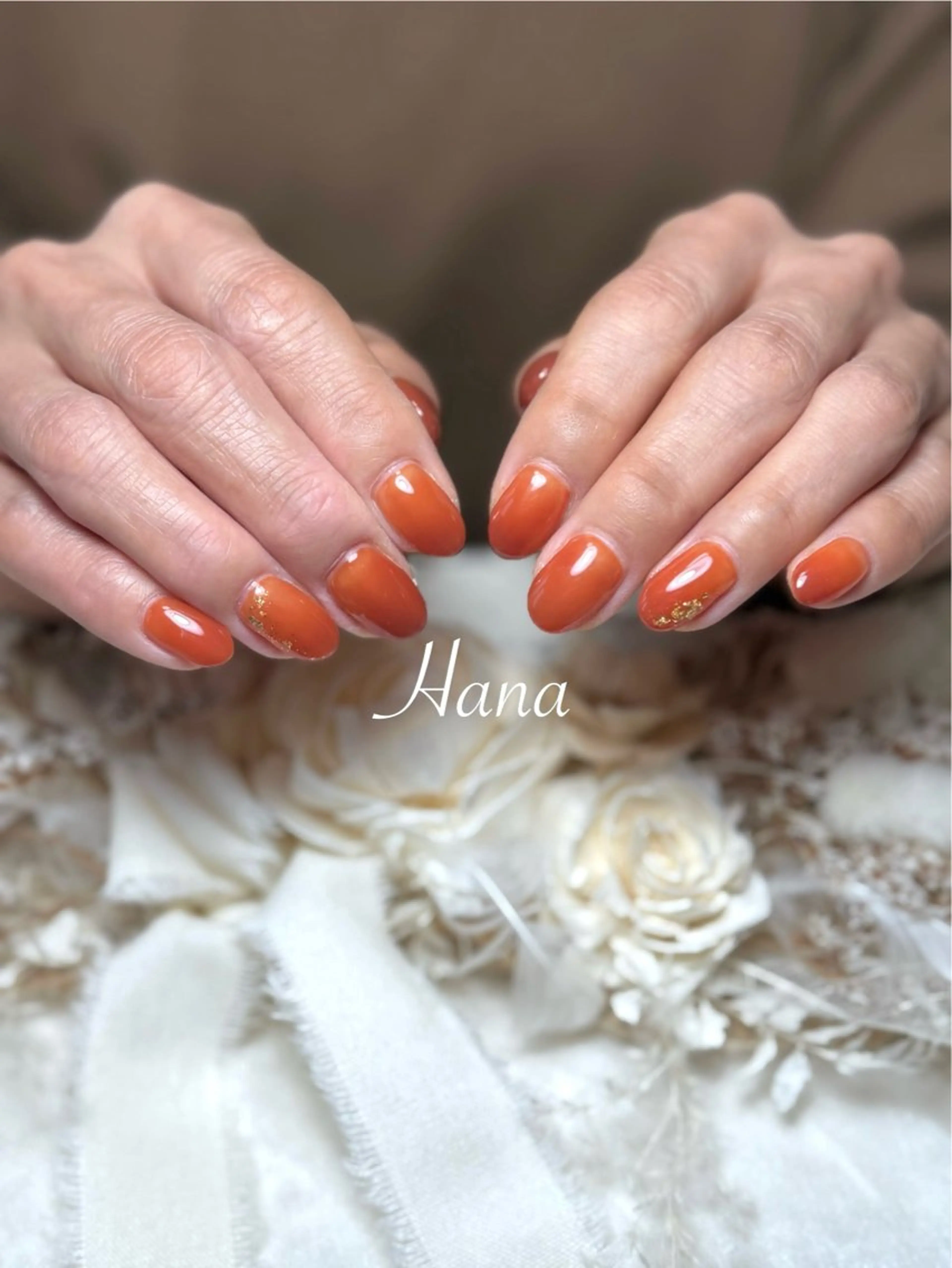ネイル ブラウン オレンジ ハンドネイル Hana_ Rieのネイルデザイン