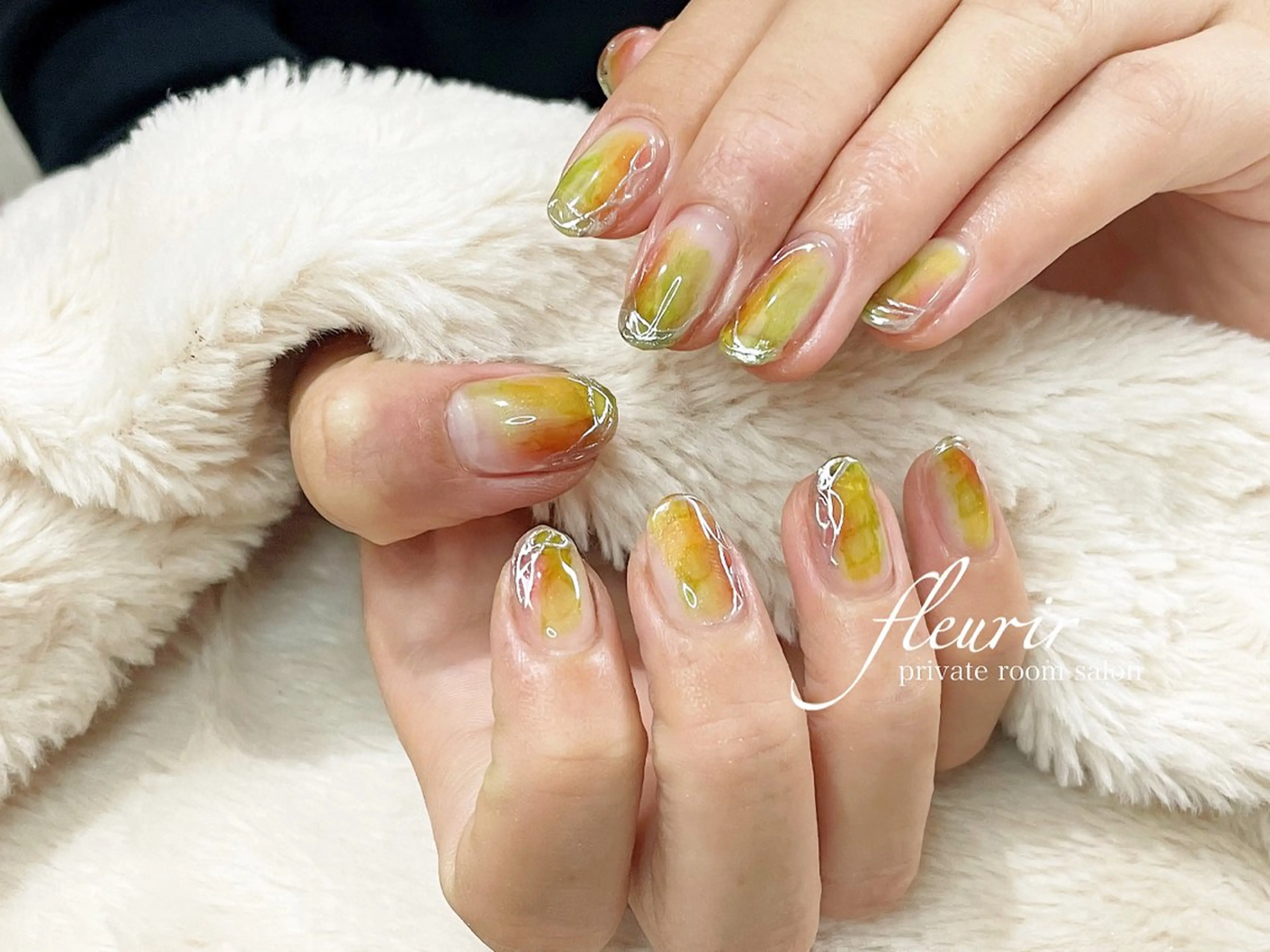 ネイル アートネイル グリーン ミラーネイル オレンジ シルバー フルリール 【プライベートサロンのネイルデザイン