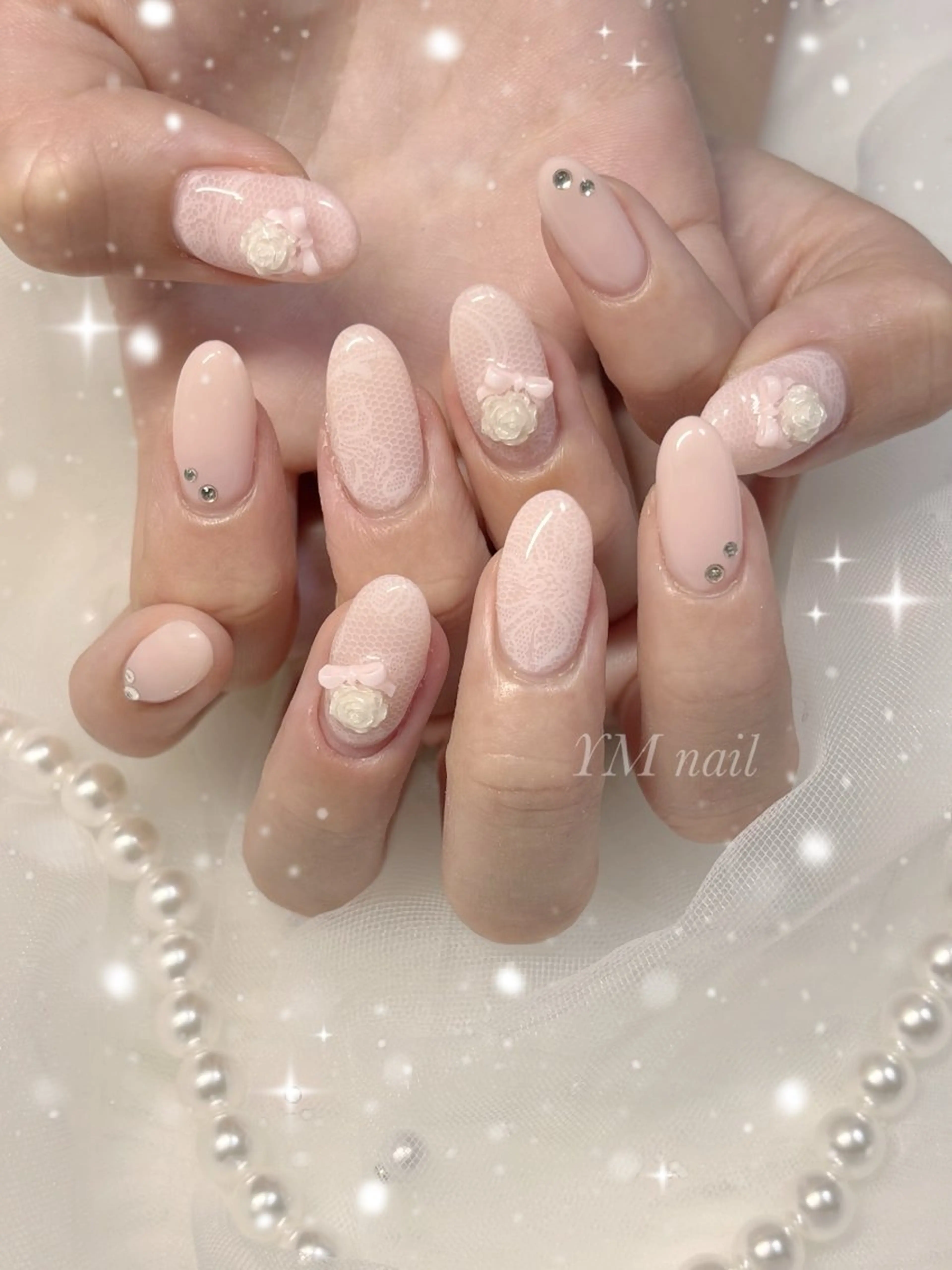 ネイル レース ピンク リボン 春ネイル ハンドネイル YM nailのネイルデザイン