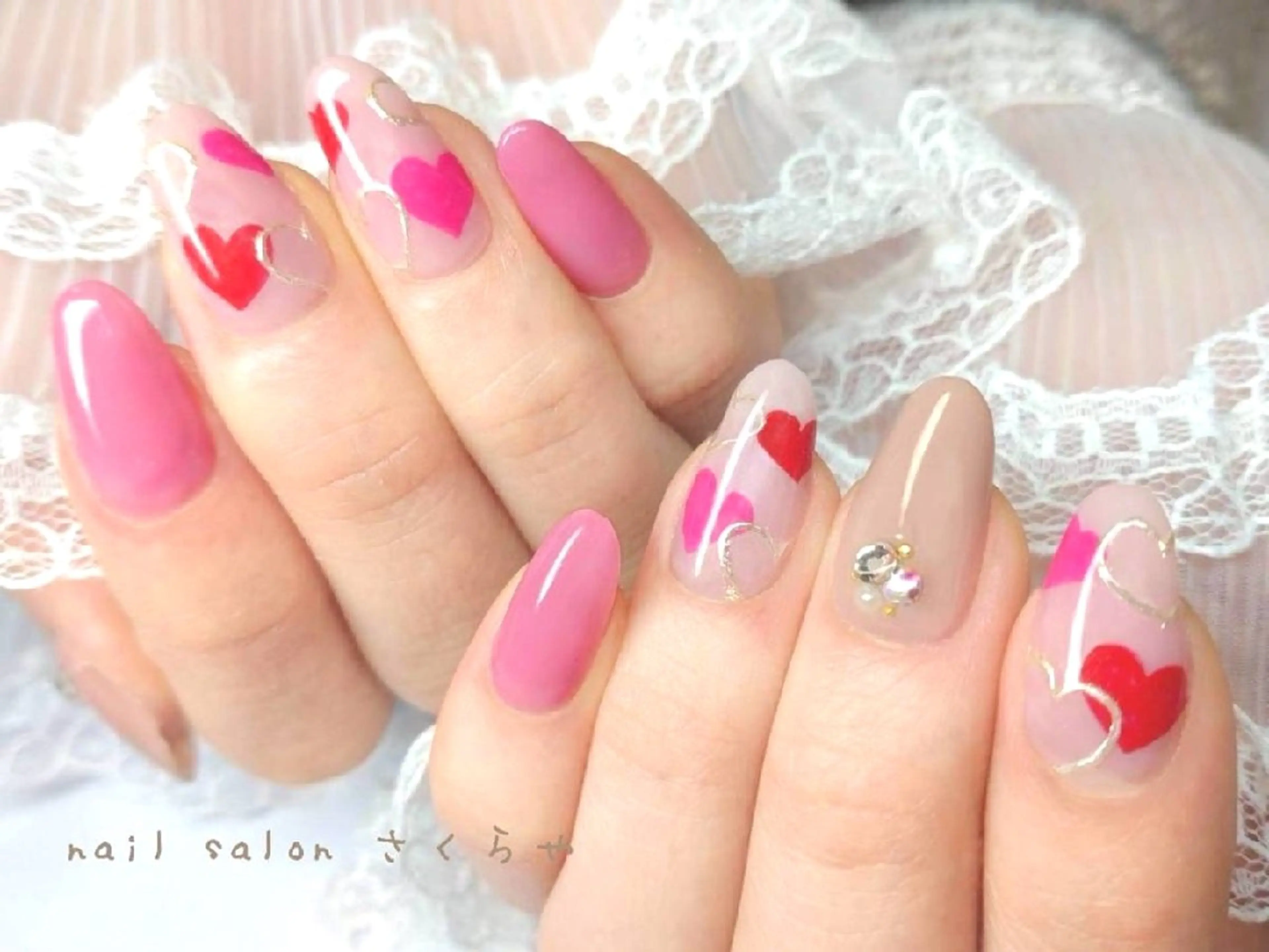 ネイル ハート ピンク バレンタイン ハンドネイル さくらや❤ パラジェル使用のネイルデザイン