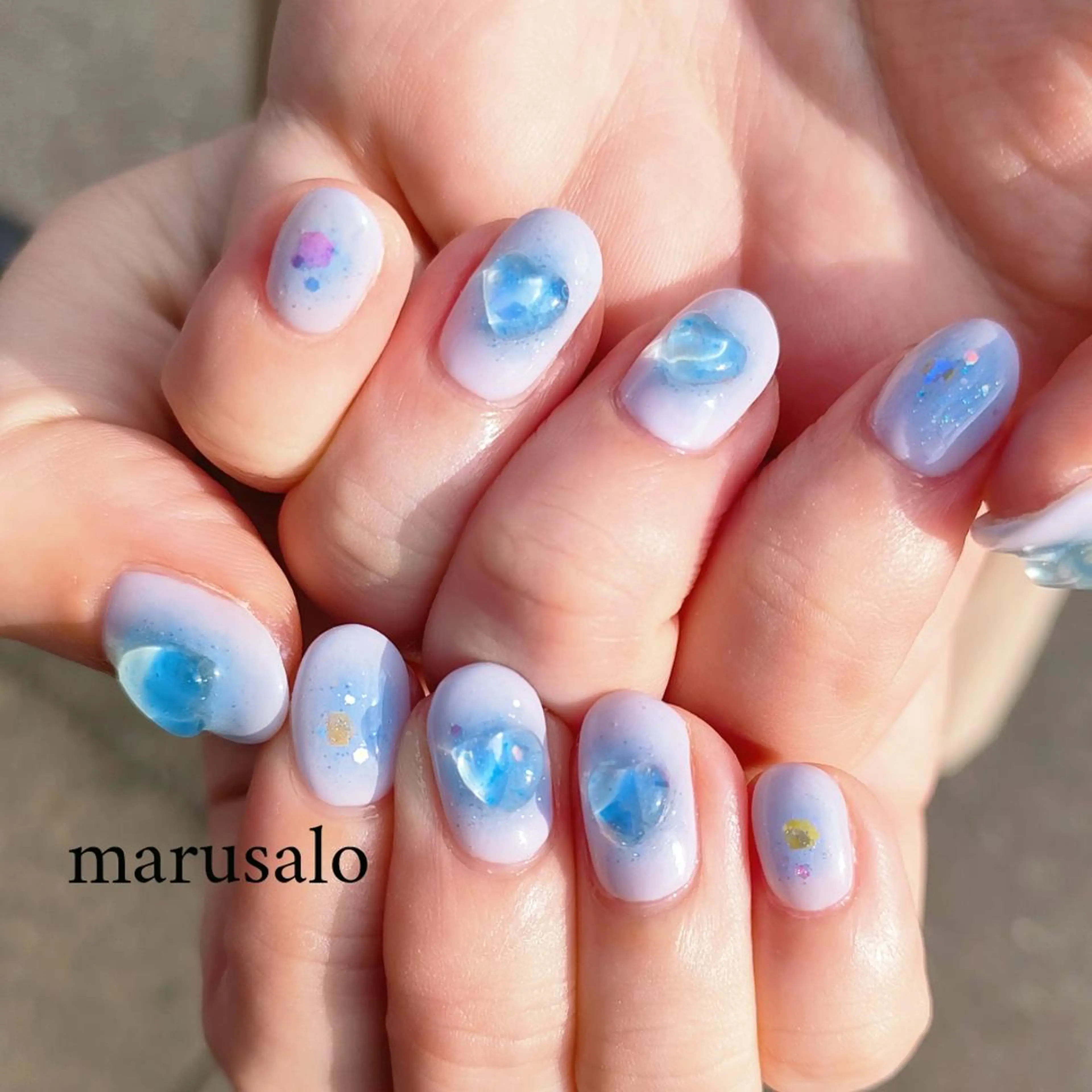 ネイル ブルー チークネイル ハート 韓国ネイル ピンク marusalo nailのネイルデザイン