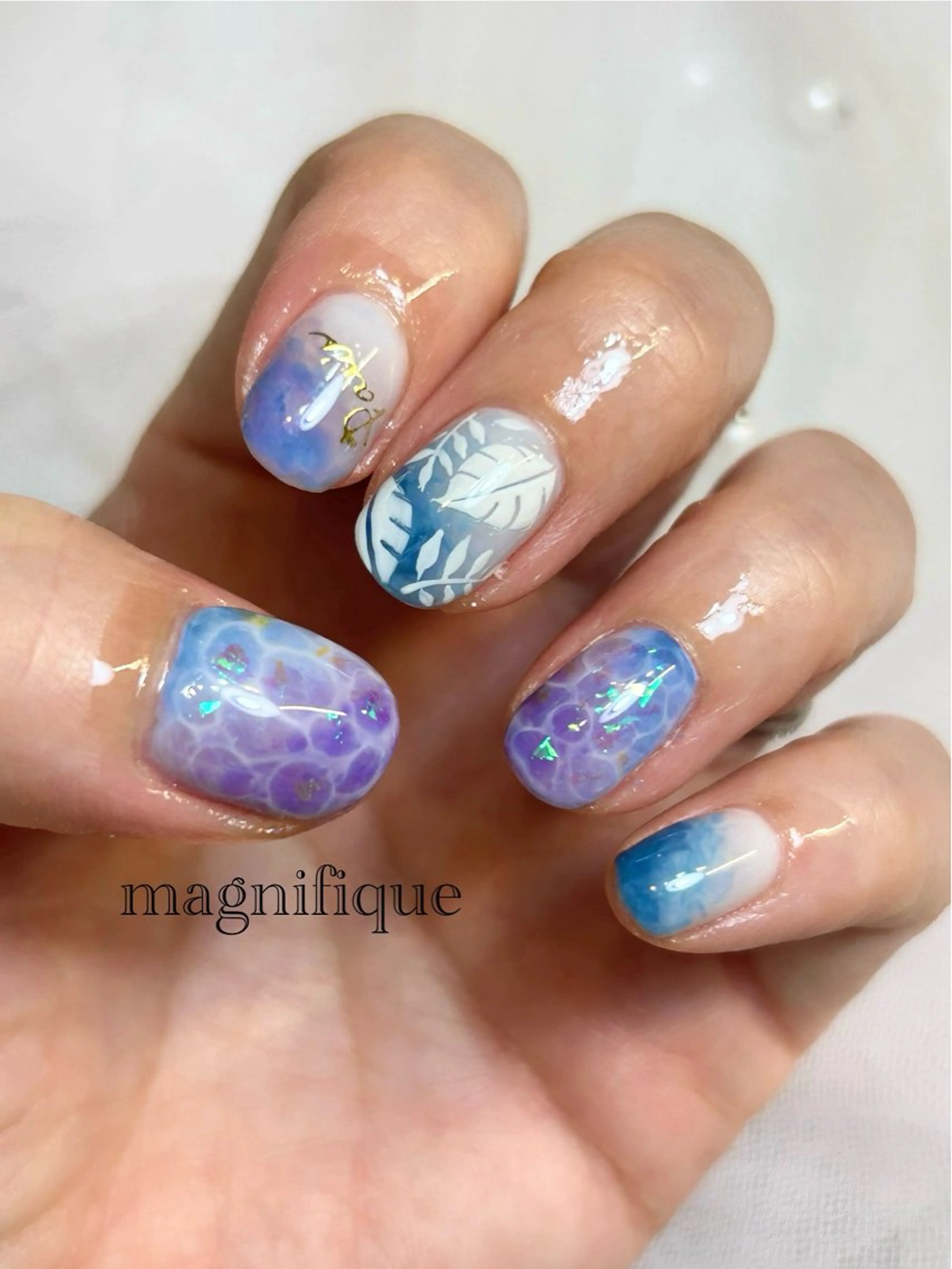 ネイル アートネイル ブルー ロングネイル ショートネイル 夏ネイル ハンドネイル プライベートサロン マニフィークのネイルデザイン
