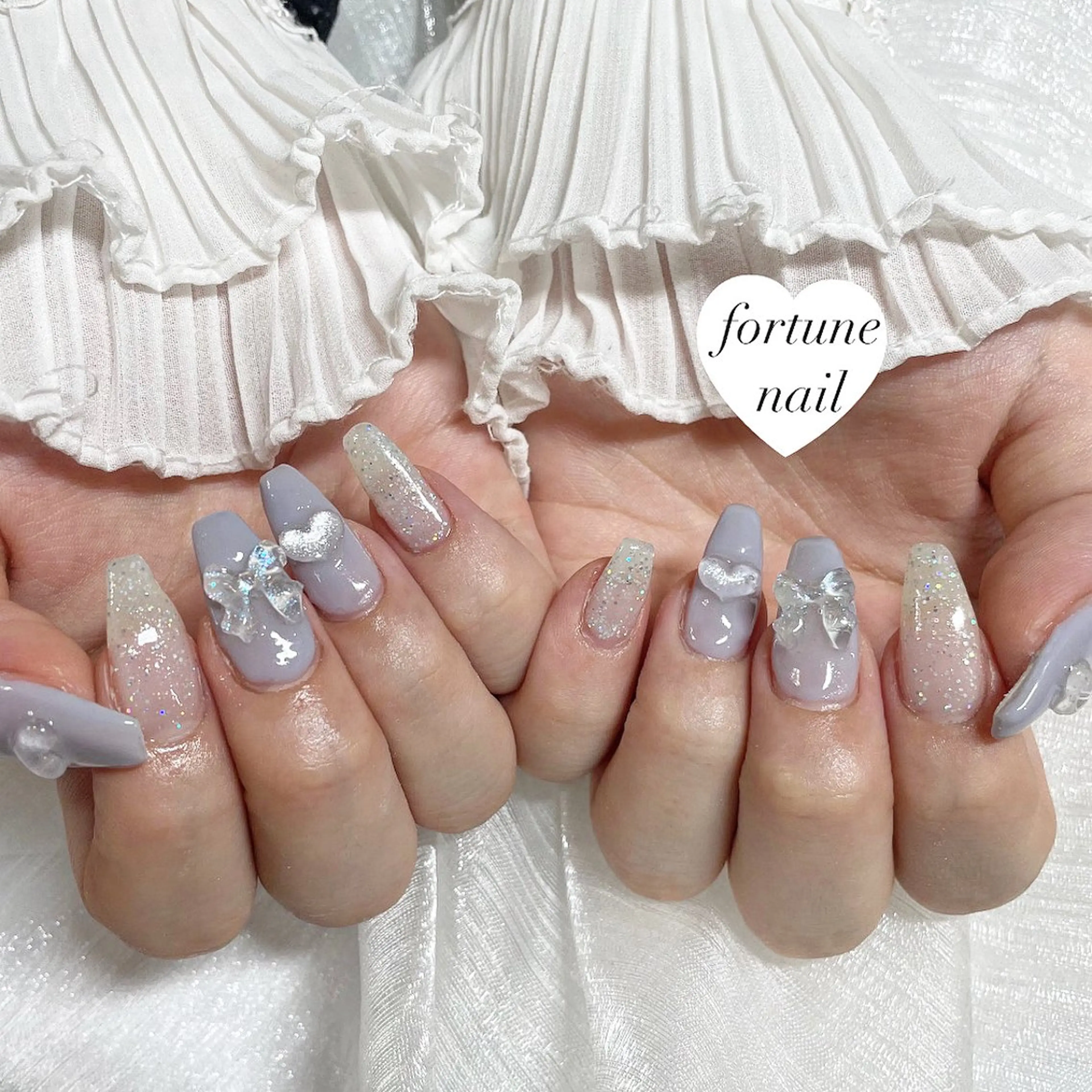 ネイル ガーリー ハート 韓国ネイル パープル リボン ハンドネイル ☆saori ☆のネイルデザイン