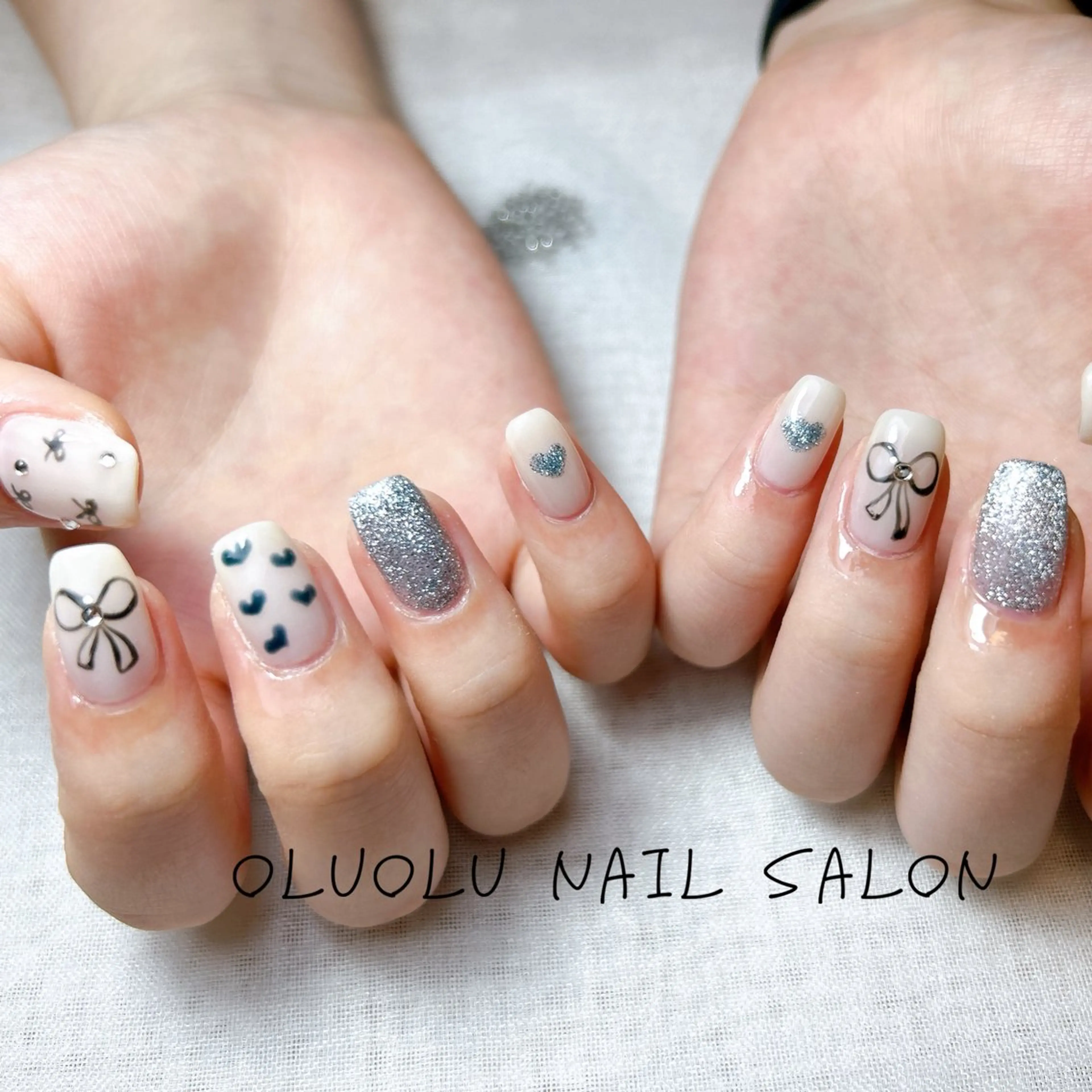 ネイル 韓国ネイル リボン ワンホンネイル oluolu nailsalonのネイルデザイン