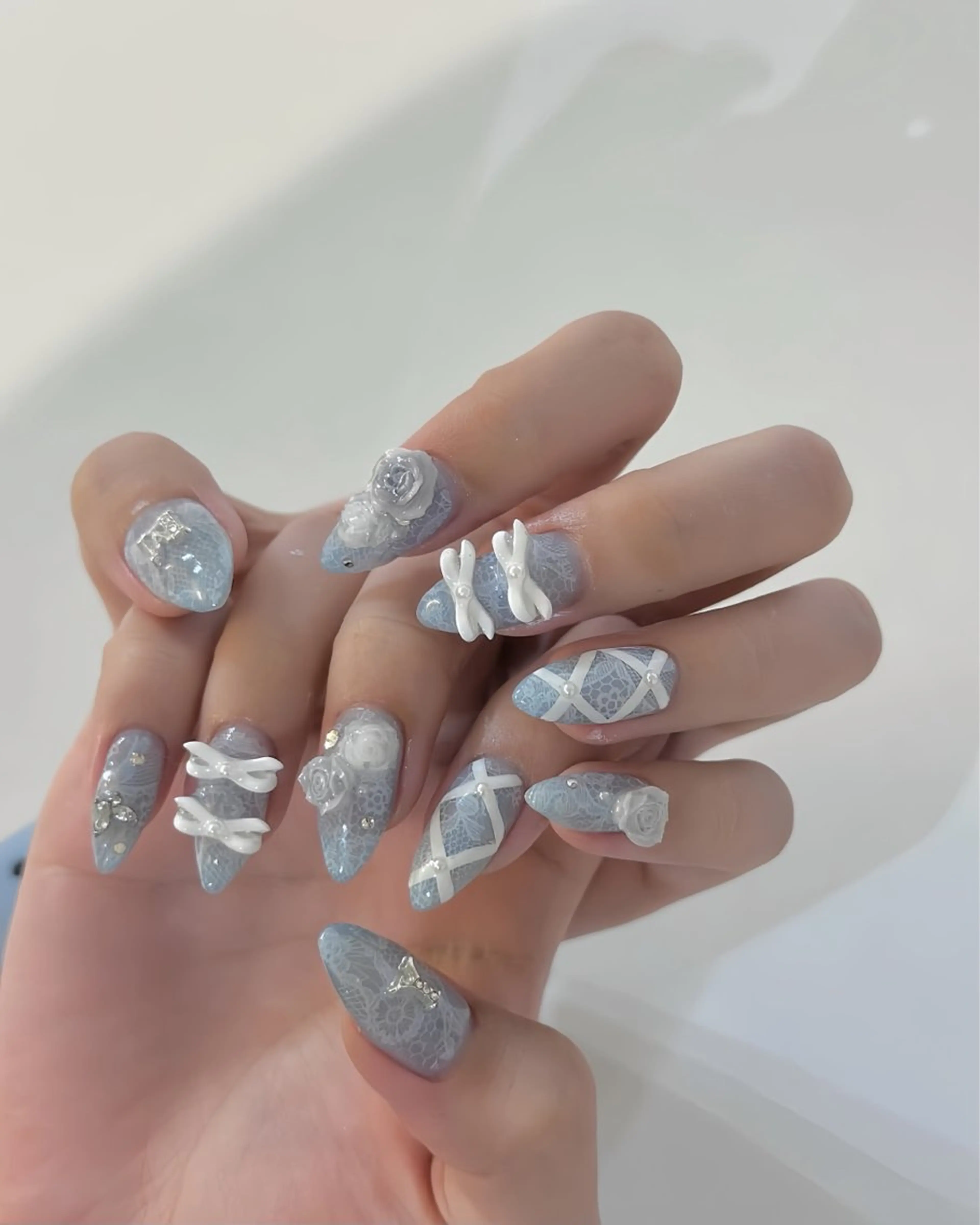 ネイル アートネイル 長さ出し ガーリー 韓国ネイル 持ち込み Rin Nail 新大久保店のネイルデザイン