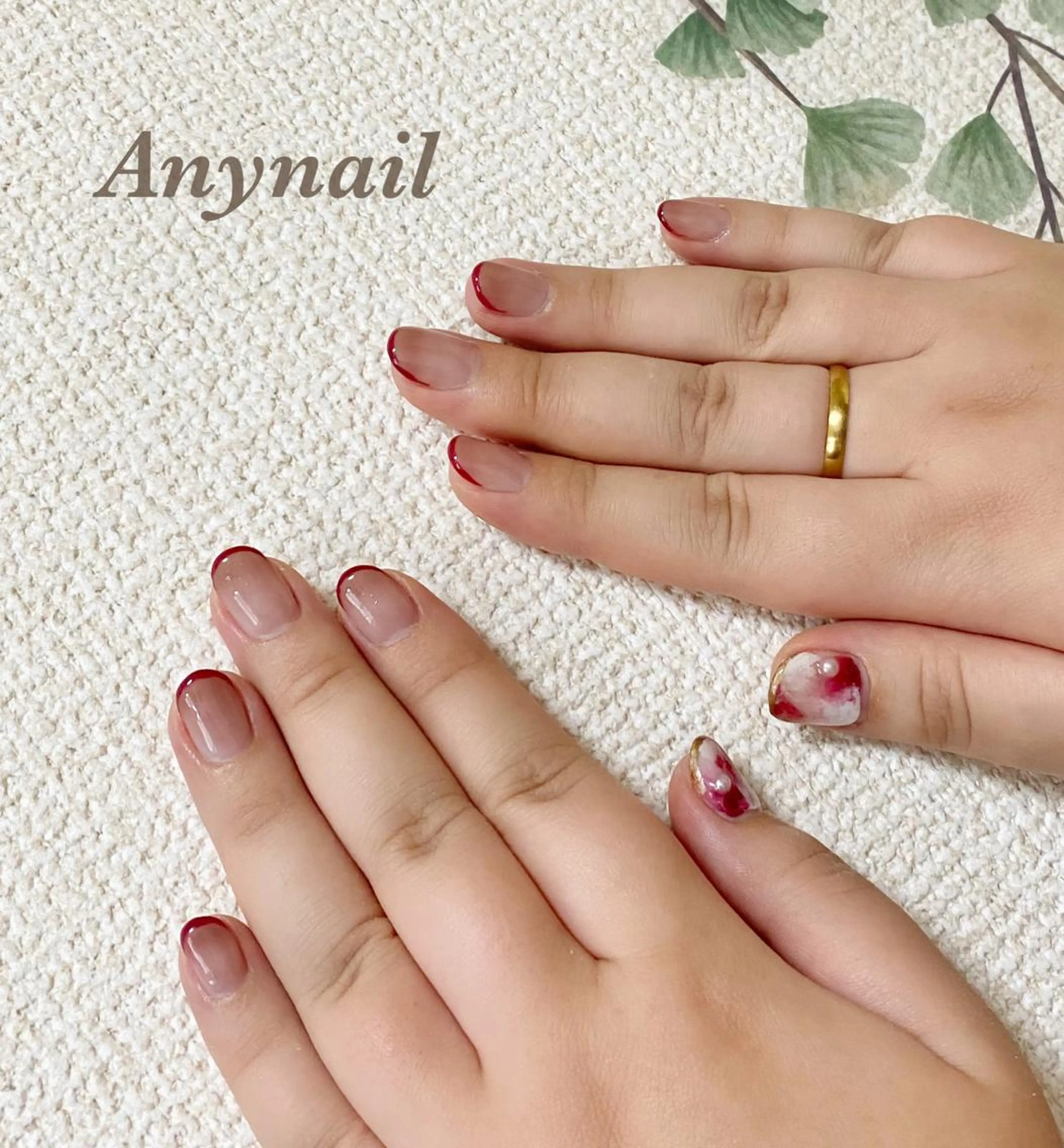 ネイル ブルー ニュアンスネイル オフィスネイル 赤色 ハンドネイル 岩澤 恵子のネイルデザイン