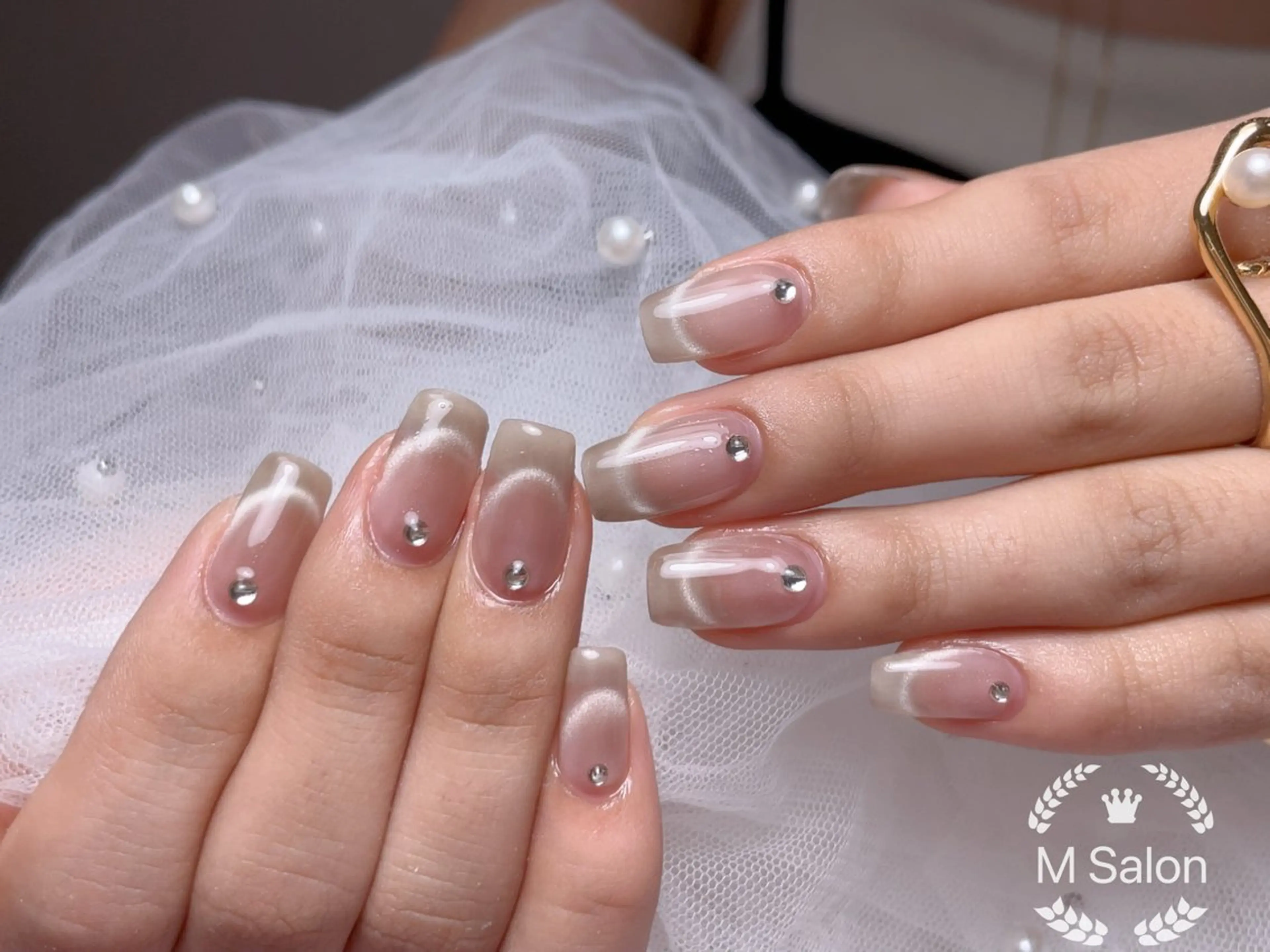 ネイル ブルー チークネイル フレンチネイル ガーリー ハート ハンドネイル Mnail _KKのネイルデザイン