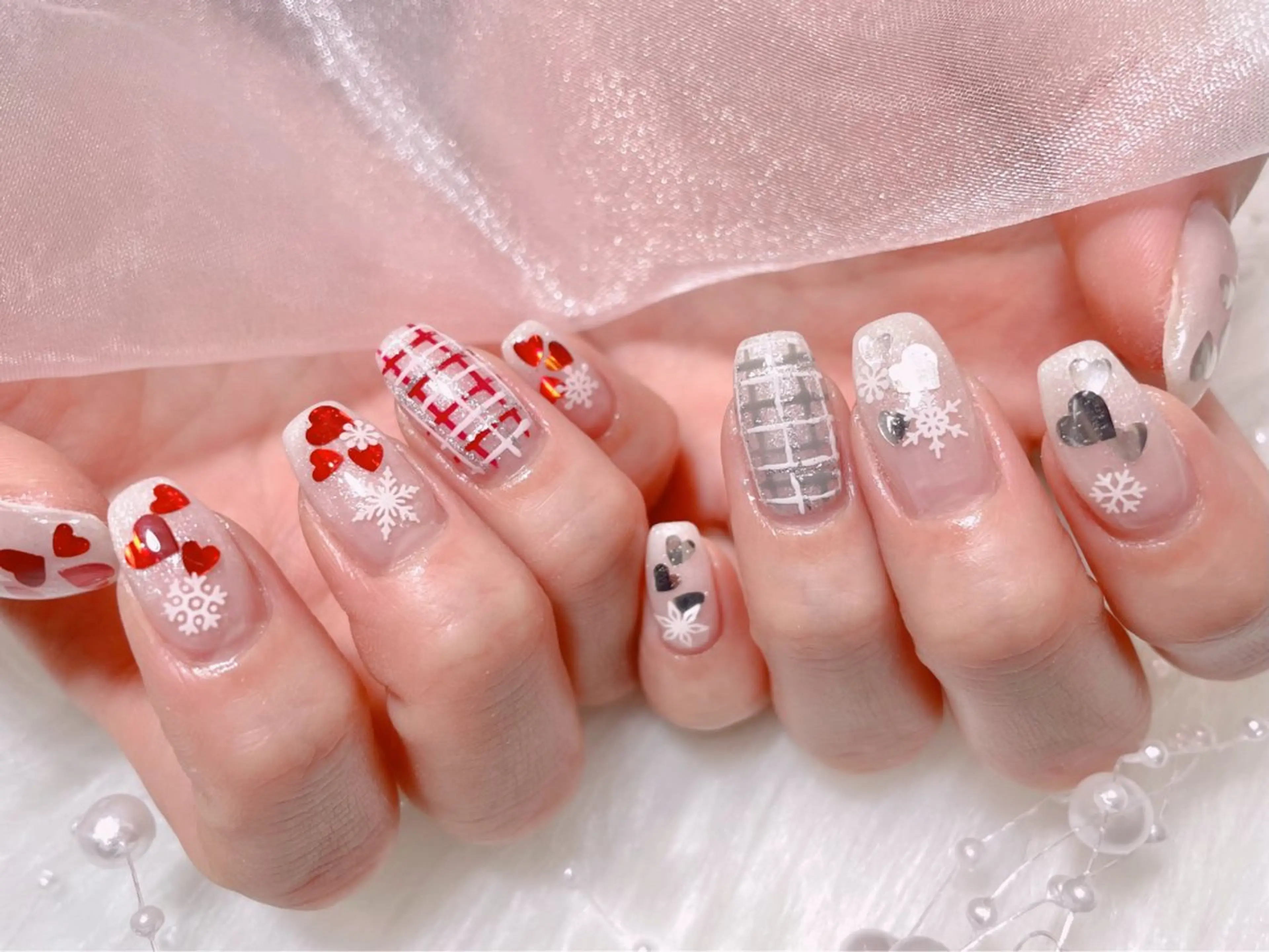 ネイル ジェルネイル ワンホンネイル 冬ネイル クリスマス ハンドネイル ゆりか ジョアアンジェ福島のネイルデザイン