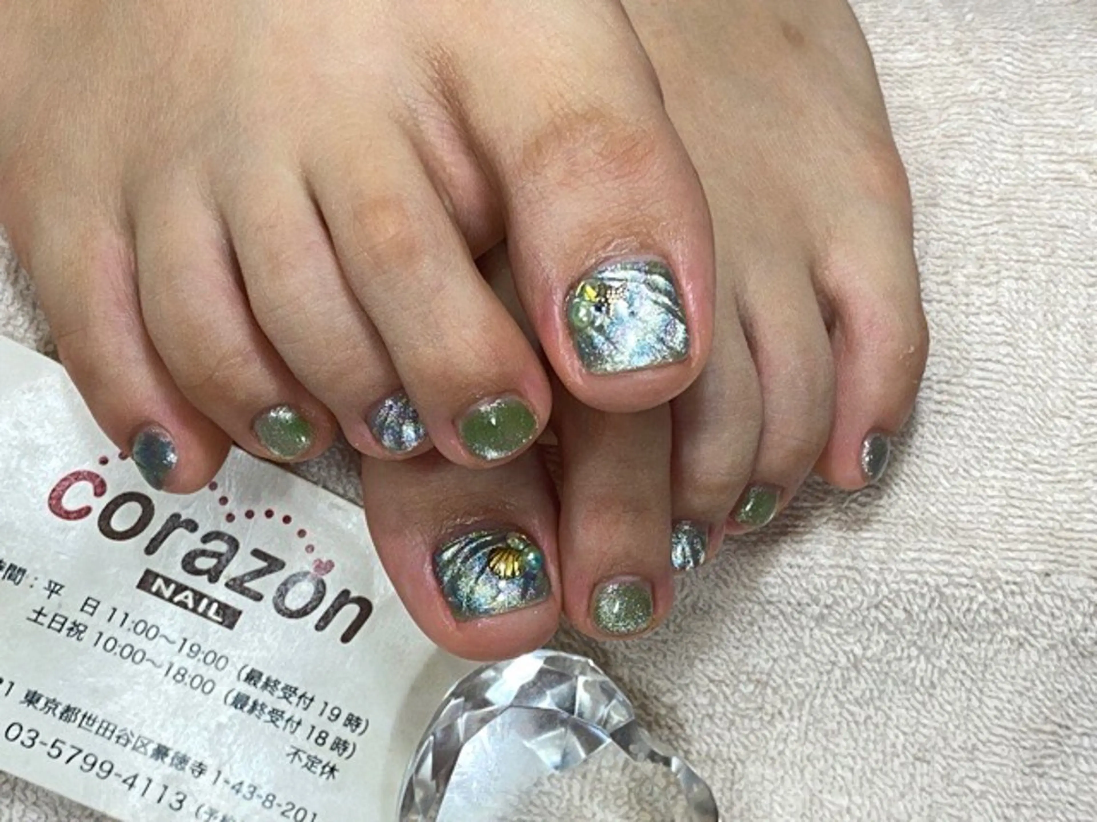 ネイル アートネイル フットネイル グリーン 水色 マグネットネイル フットネイル corazon所属・ネイリスト aicoのネイルデザイン