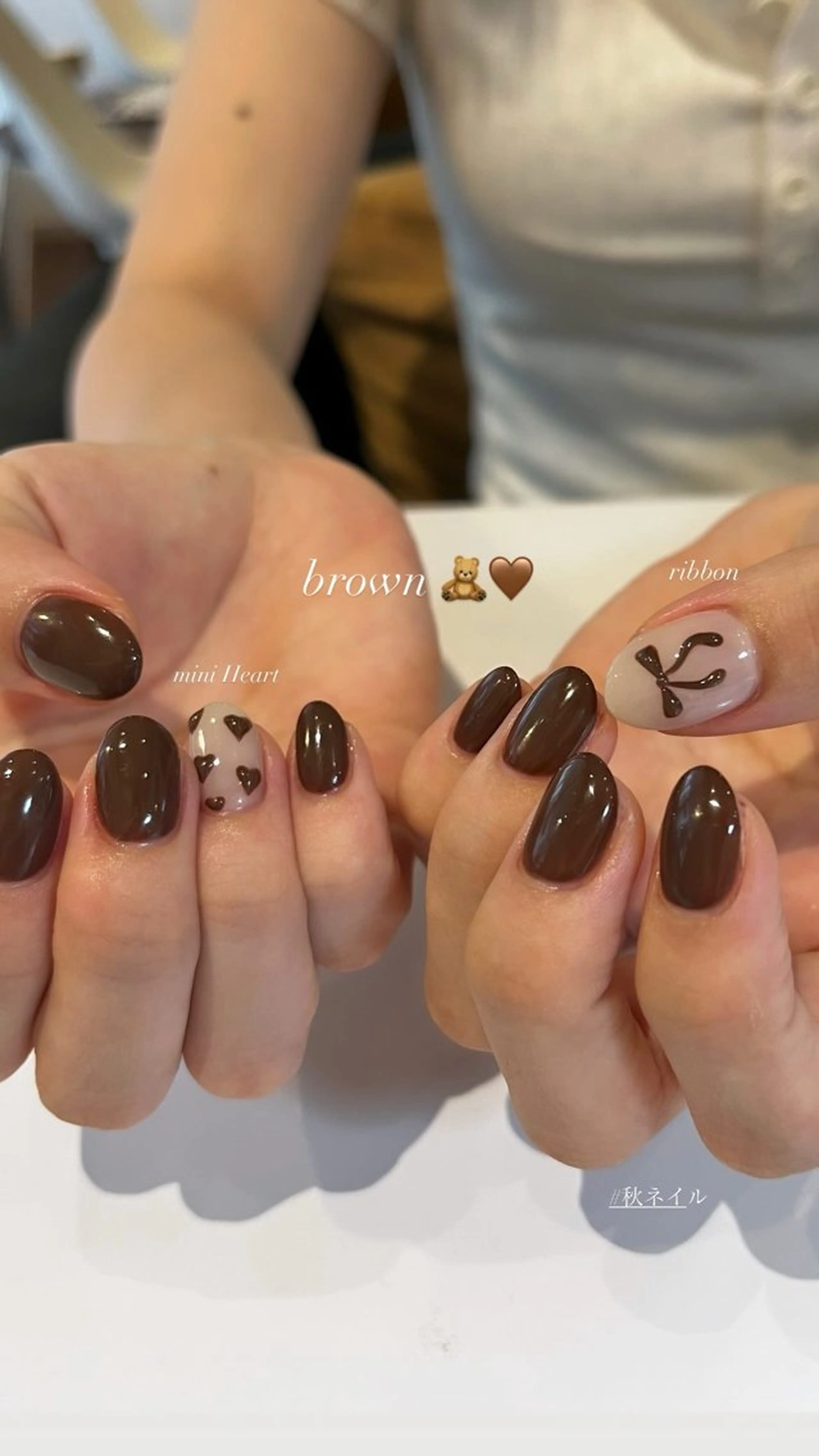 ネイル ブラウン ハート リボン ハンドネイル ballie／小野原 なつみのネイルデザイン