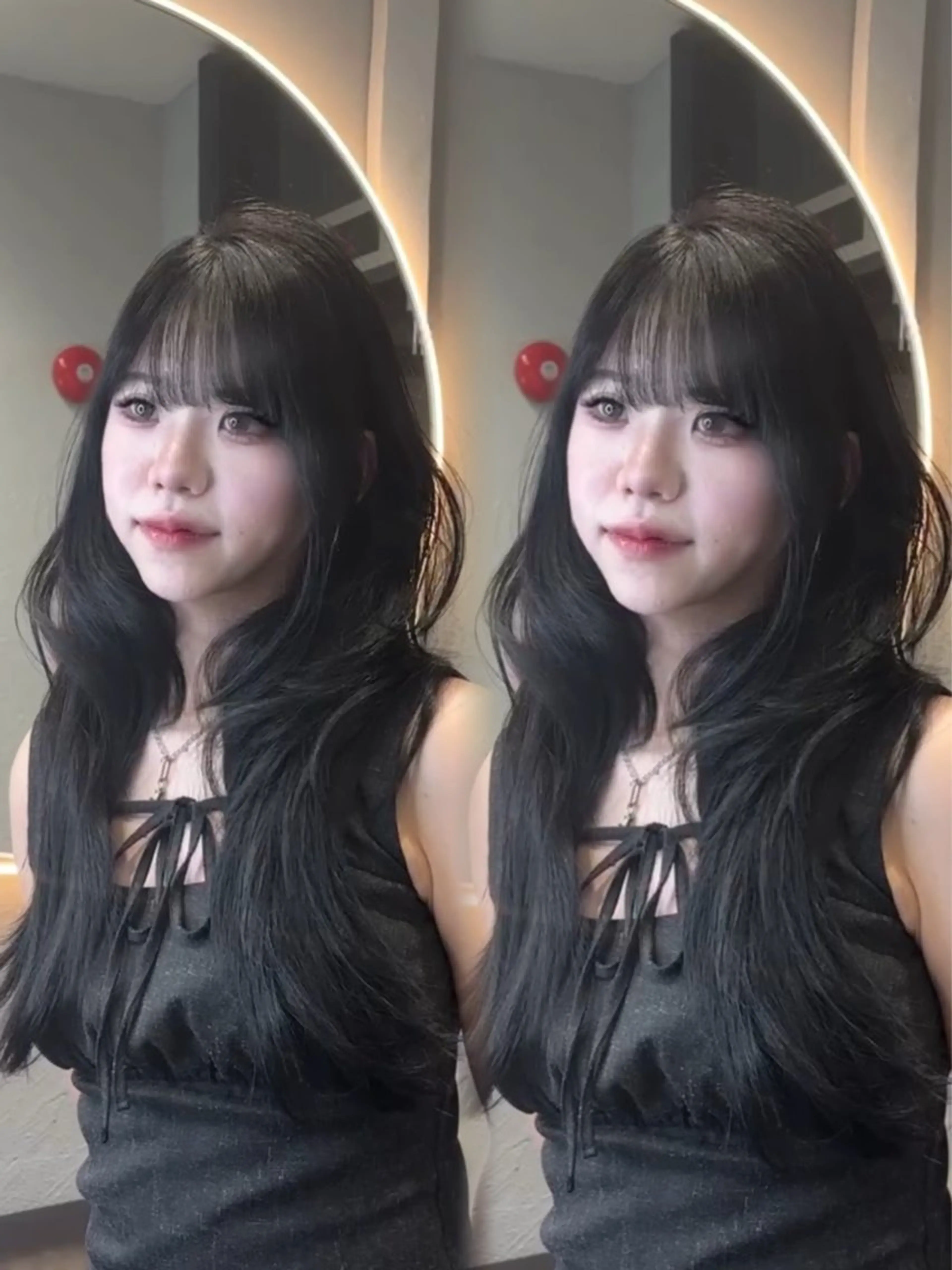 ロング カット ヘアカラー トリートメント 韓国ヘア/ブリーチ無 しWカラー/オリーブのヘアスタイル