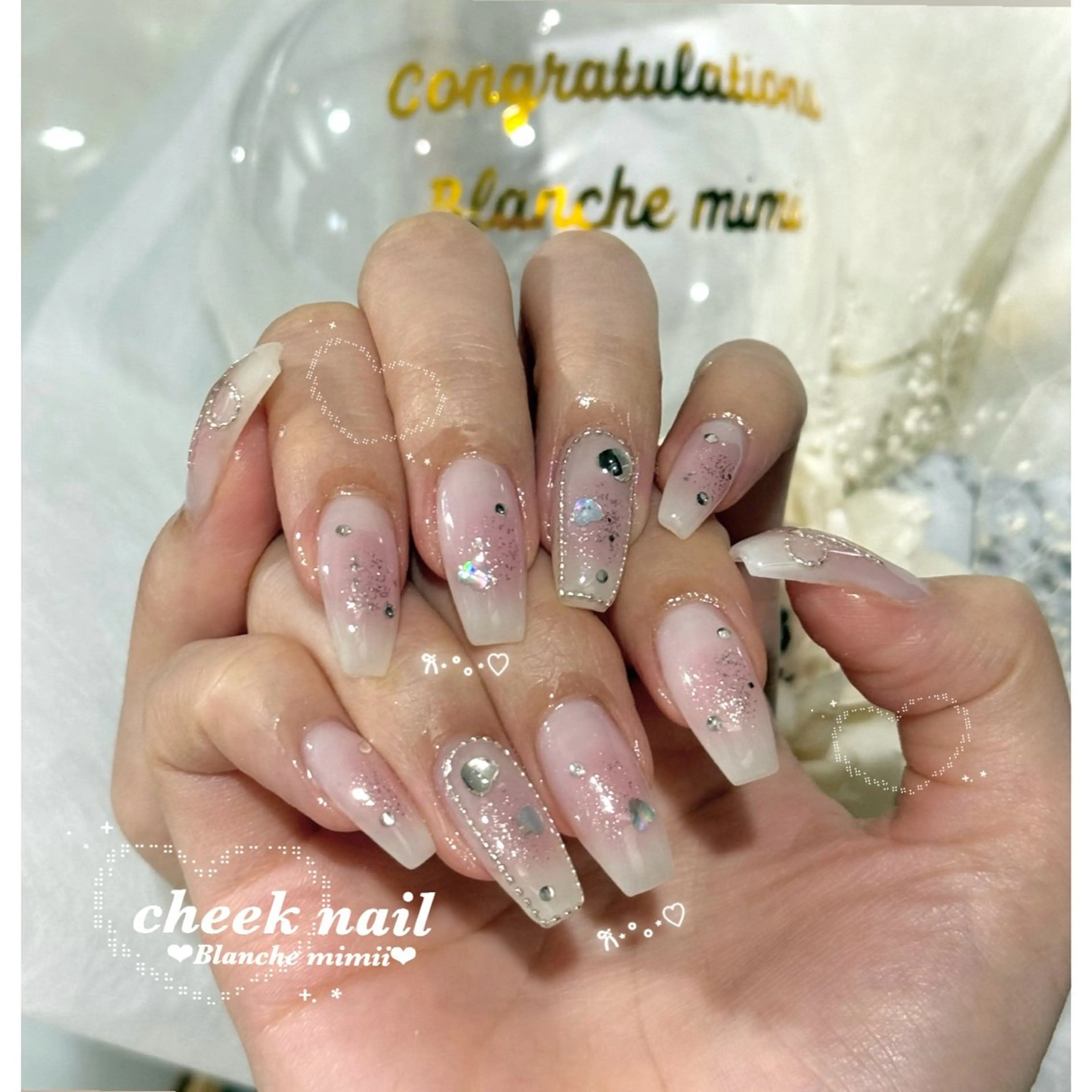 ネイル チークネイル ガーリー ハート 韓国ネイル リボン ハンドネイル Blanche　mimii所属・Blanche Ayaのネイルデザイン
