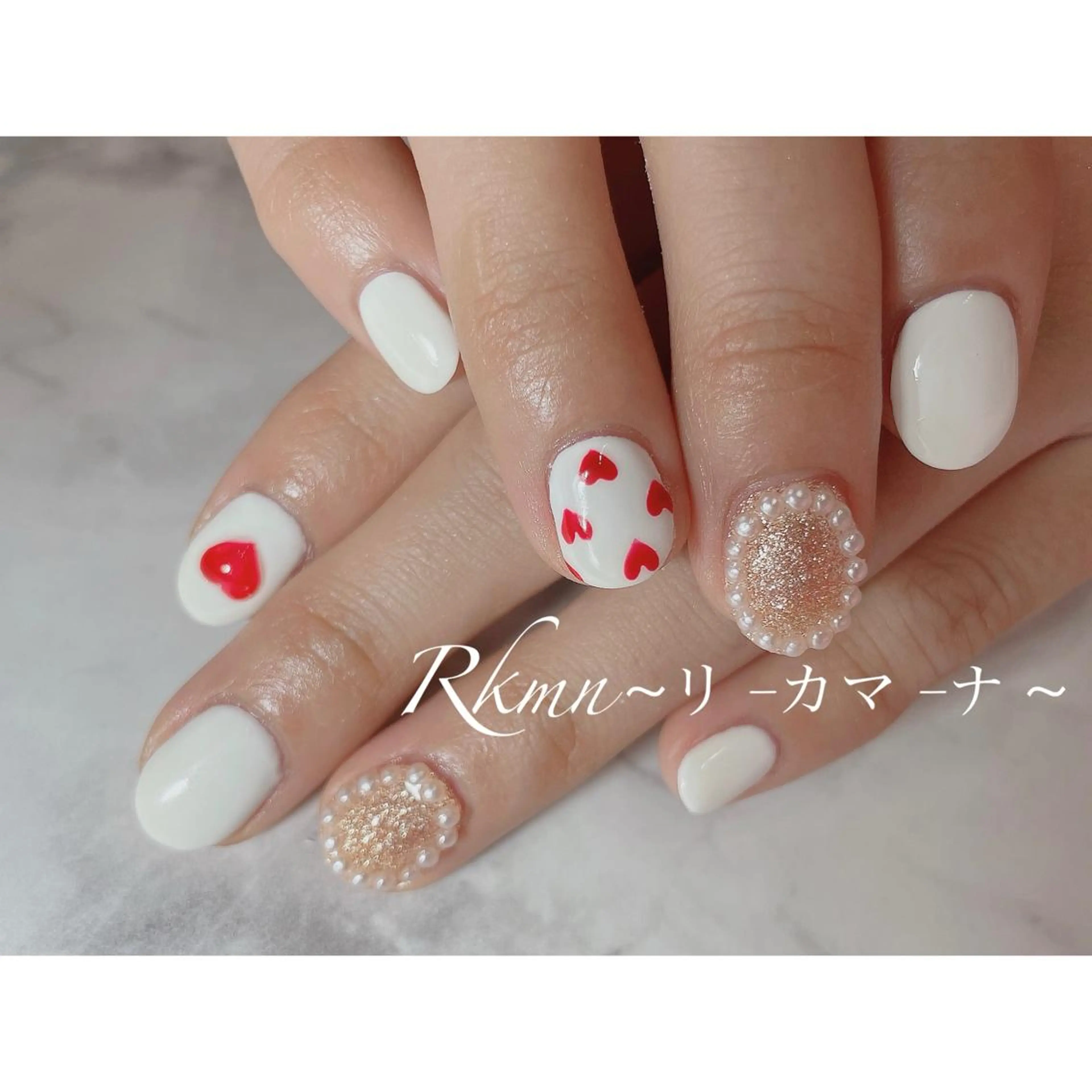 ネイル アートネイル ハート ラメ(グリッター) 春ネイル ホワイト ハンドネイル フットネイル ハンドケア Rkmn ~リ-カマ-ナ~のネイルデザイン