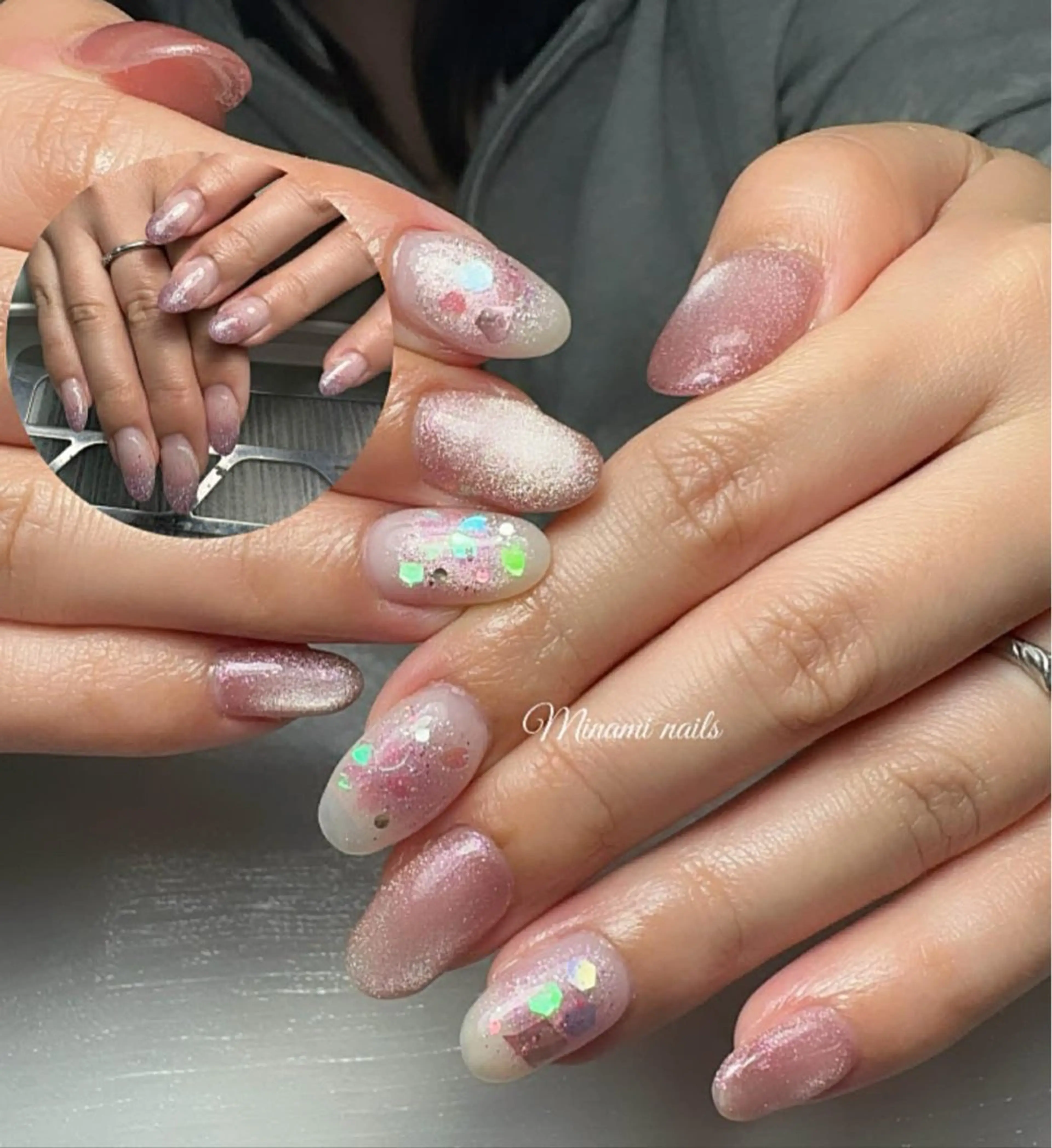 ネイル アートネイル オーロラネイル ガーリー キラキラネイル 韓国ネイル ハンドネイル Minami Nailsのネイルデザイン