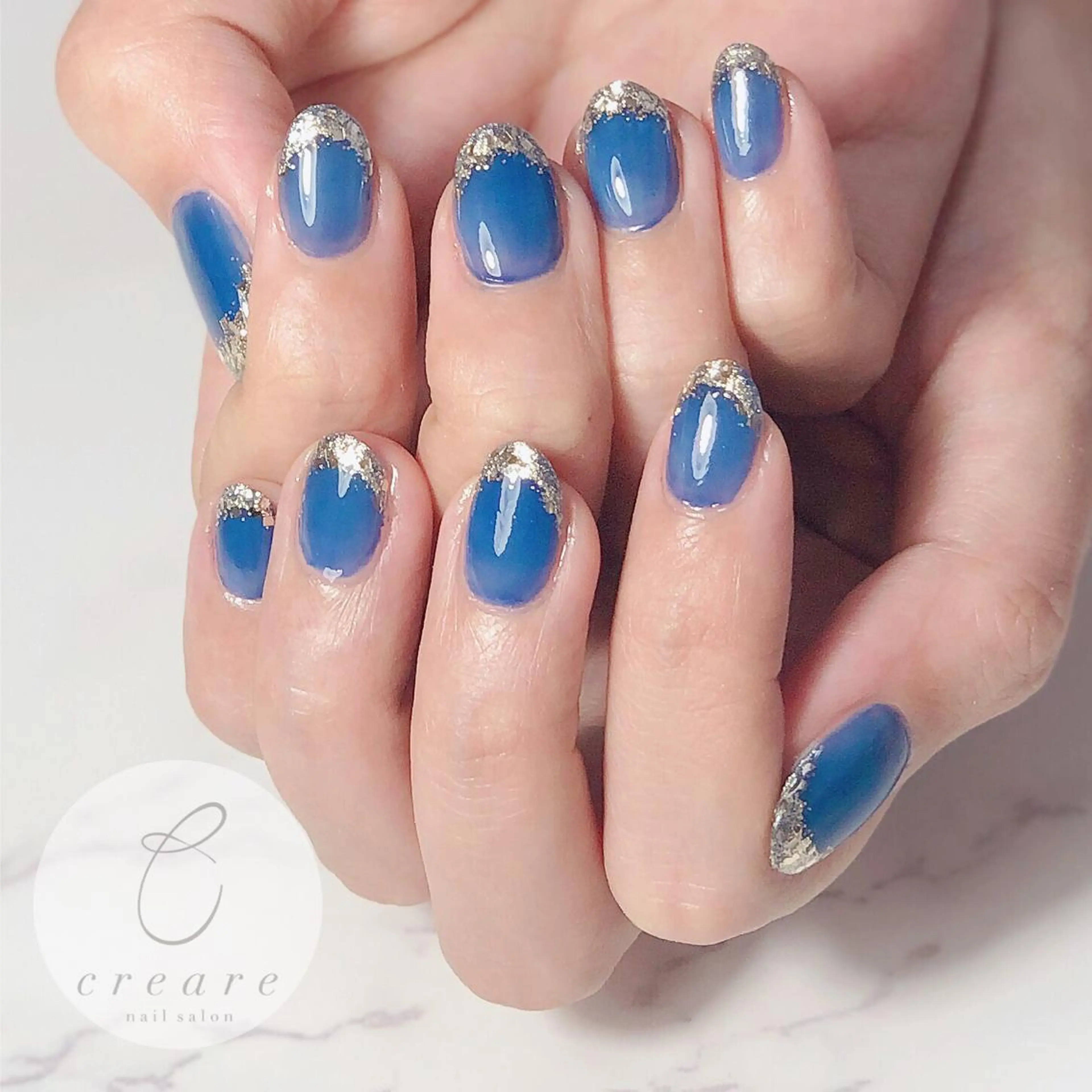 ネイル ブルー フレンチネイル ジェルネイル ラメ(グリッター) オフィスネイル 辻野 和枝のネイルデザイン