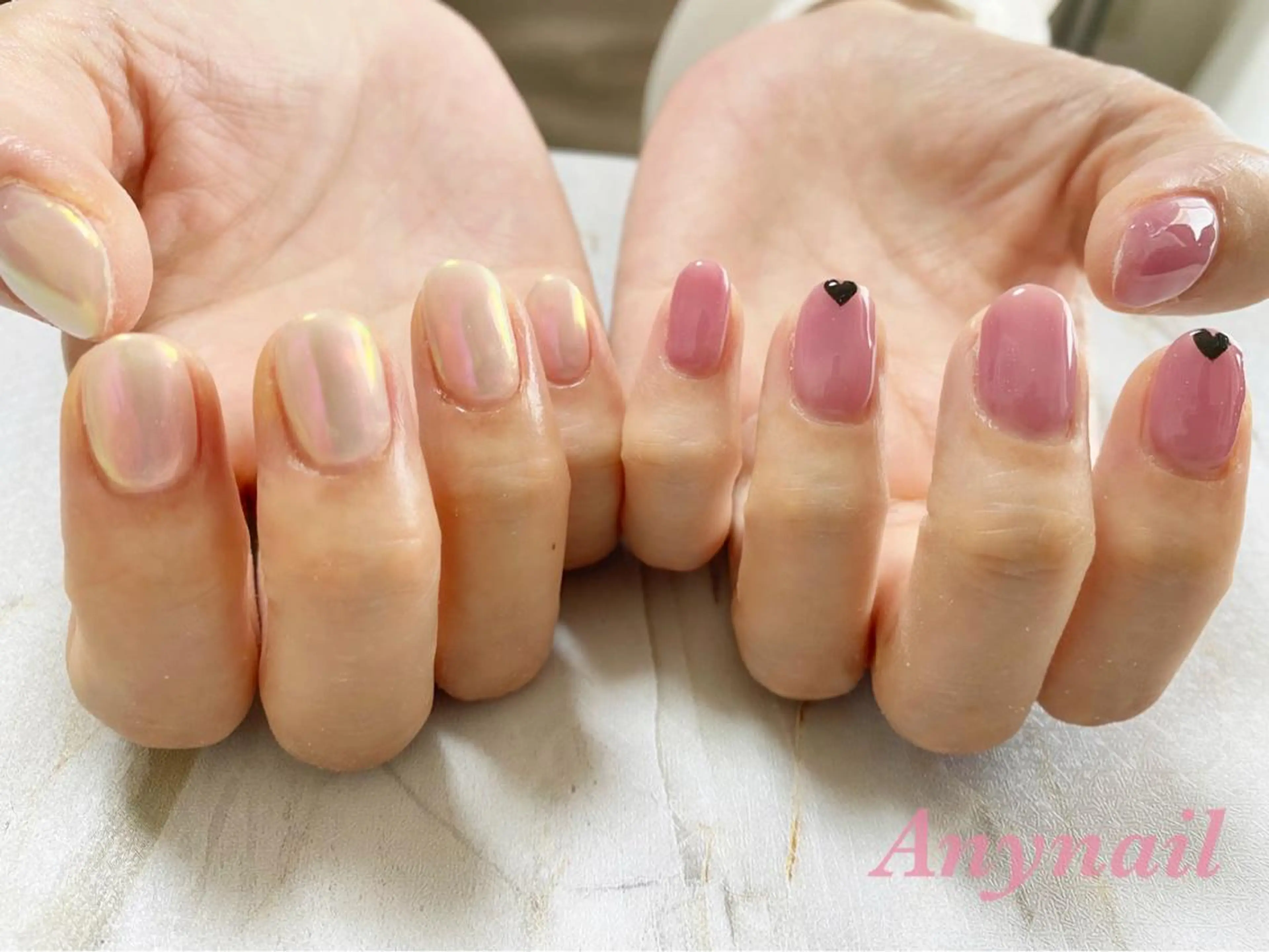 ネイル オーロラネイル ブルー ハート オフィスネイル ピンク ハンドネイル 岩澤 恵子のネイルデザイン