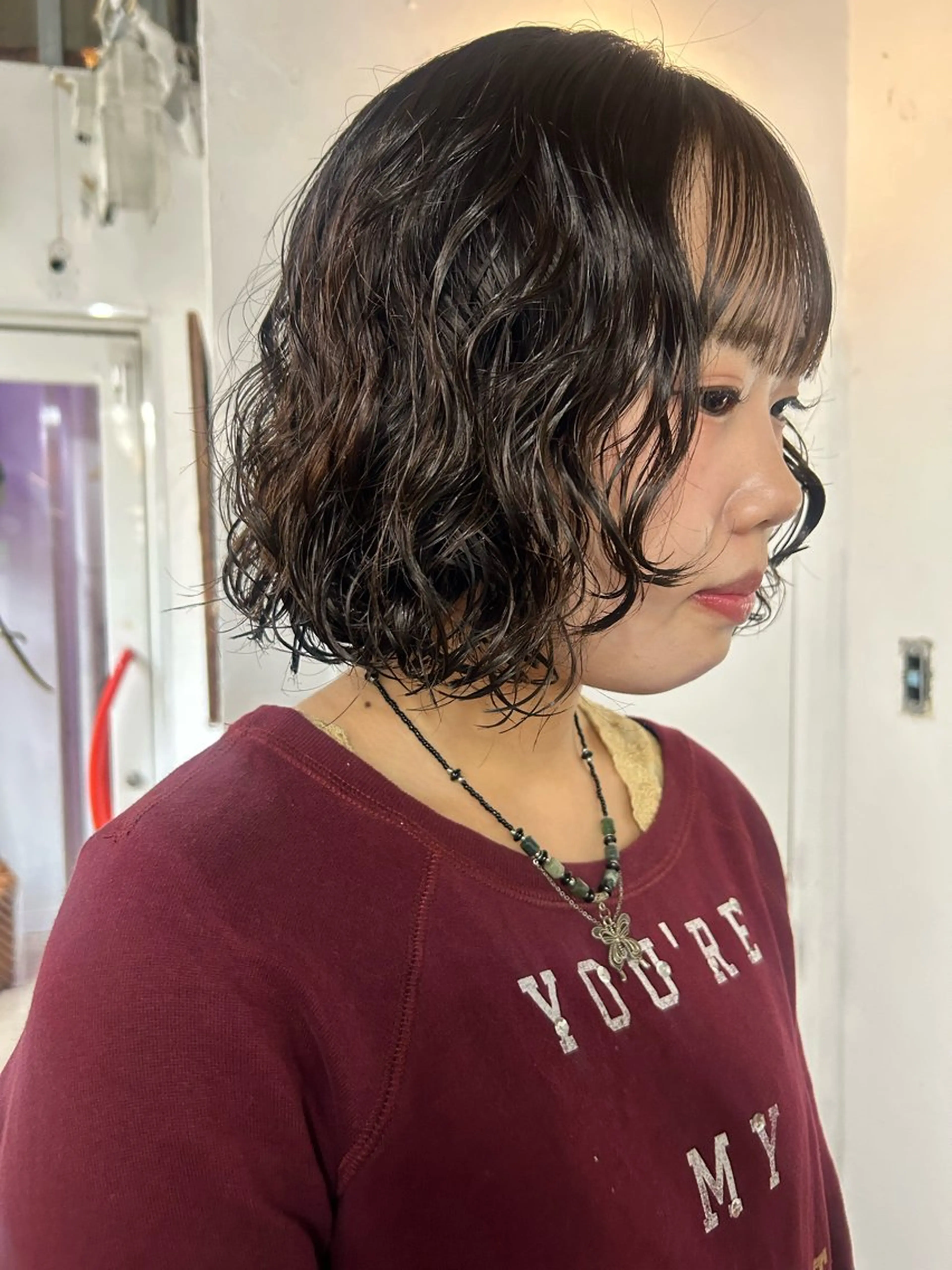 ミディアム カラー パーマ ミディアムパーマ ボブ カット ヘアカラー パーマ 小川真歩/パーマ /暖色オリーブのヘアスタイル