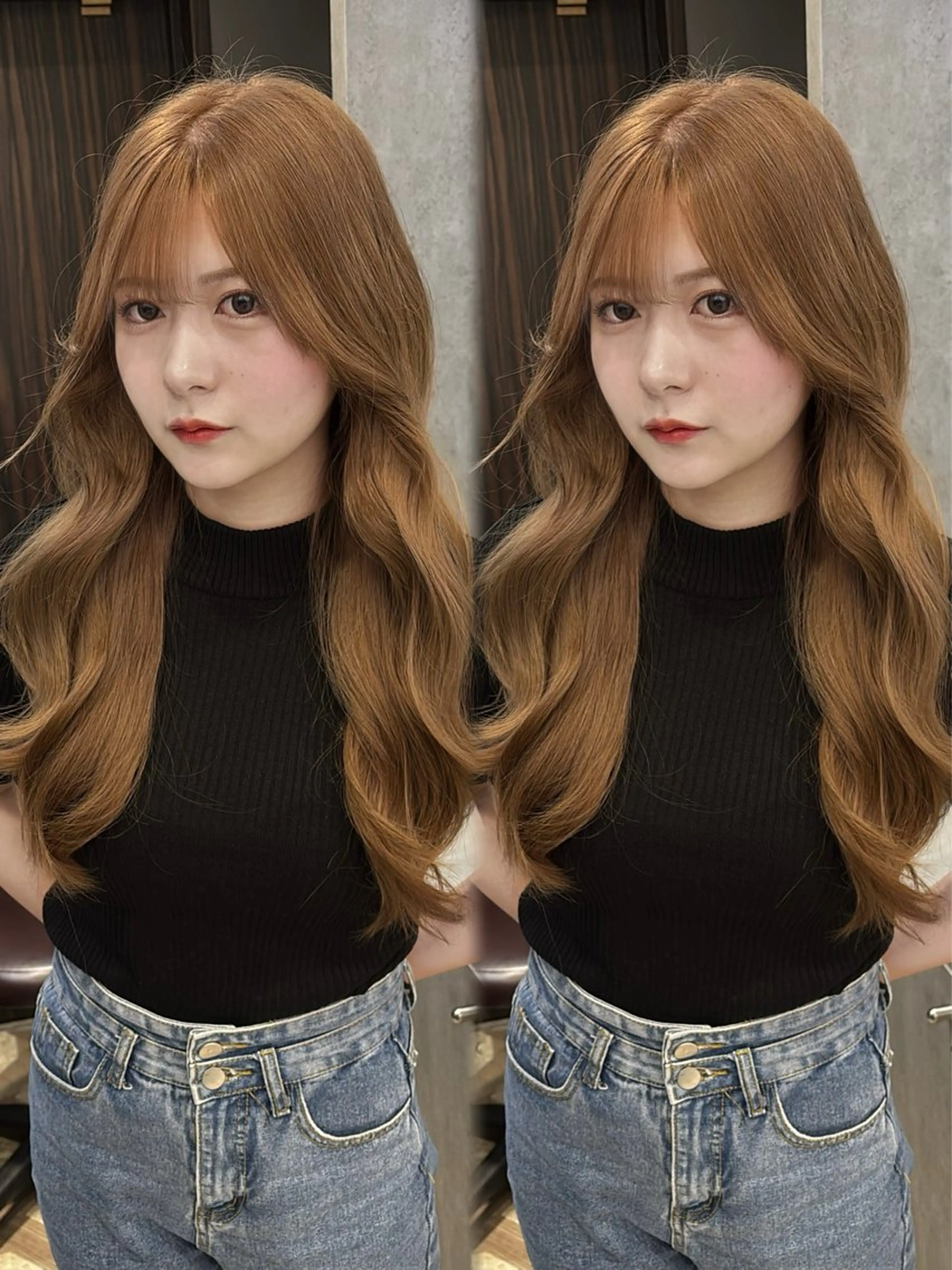 ロング ヘアカラー トリートメント ヘアセット 韓国ヘア/ブリーチ無 しWカラー/オリーブのヘアスタイル