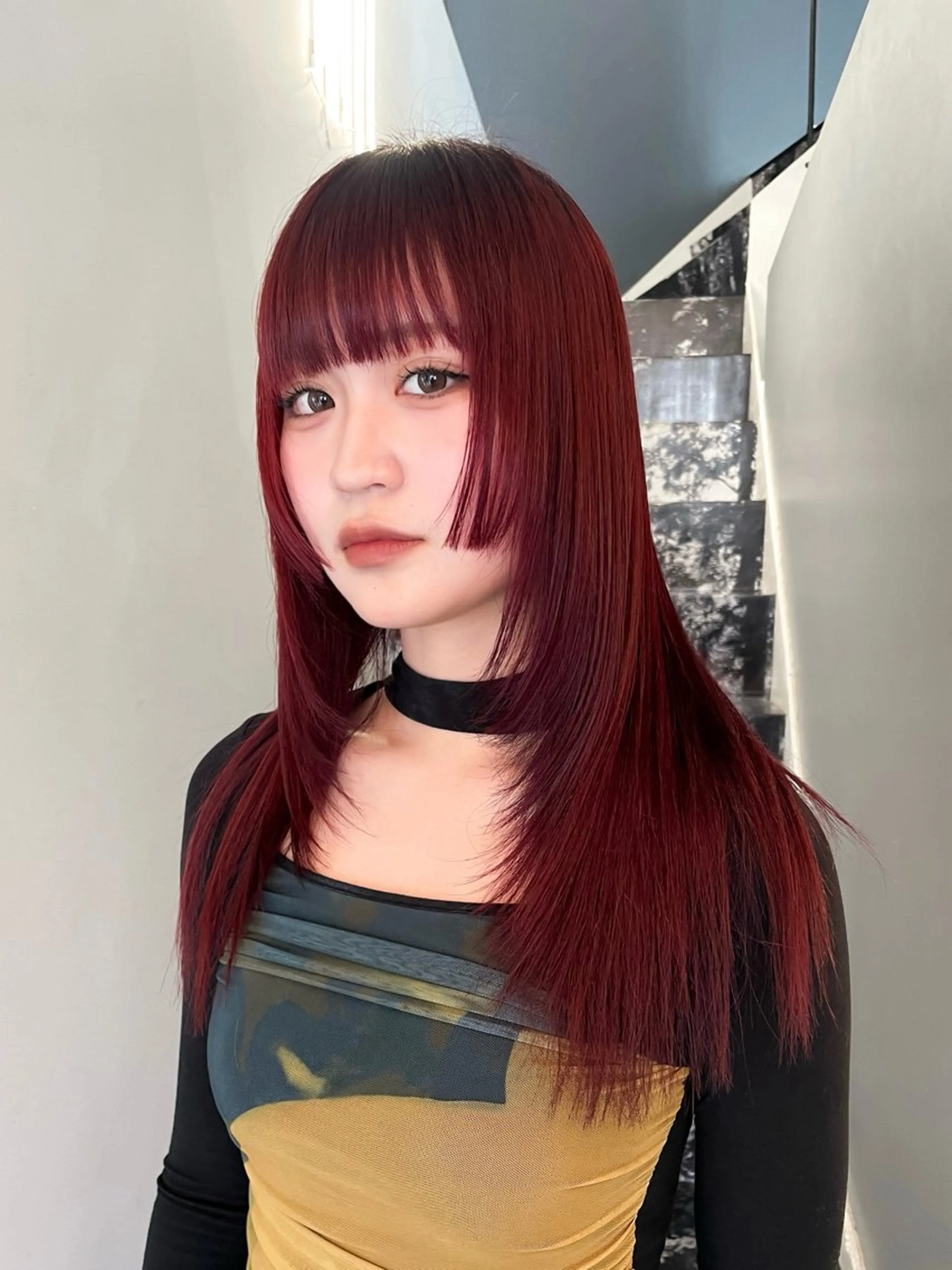 ロング カラー ヘアアレンジ レッドカラー 姫カット レイヤーカット ハッシュカット/ 韓国ヘア☽⋰mahoのヘアスタイル