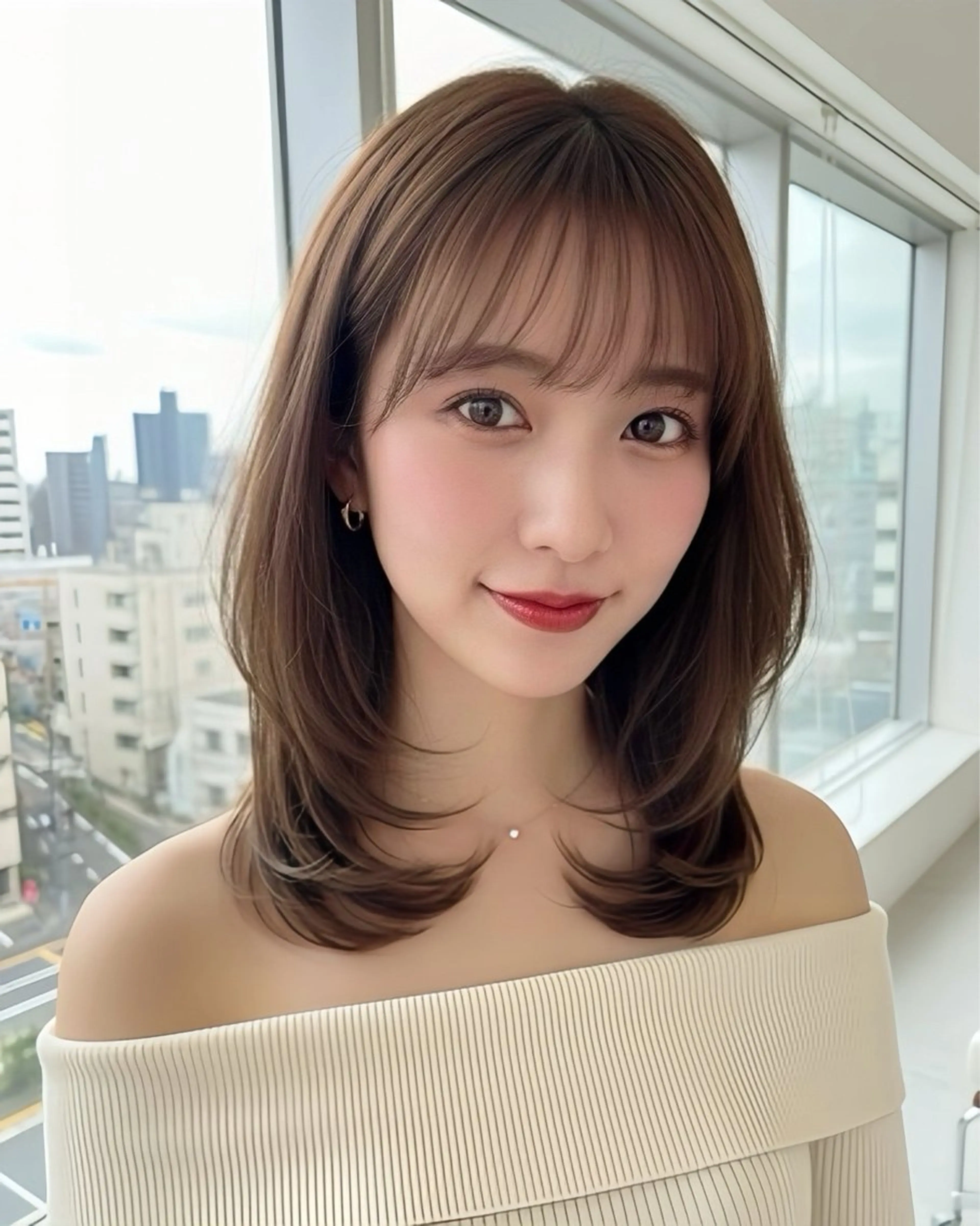 ミディアム カラー 顔周りカット レイヤーカット 似合わせカット シースルーバング 小顔カット 顔周り/透明感カラー /似合わせ/難波雄雅のヘアスタイル