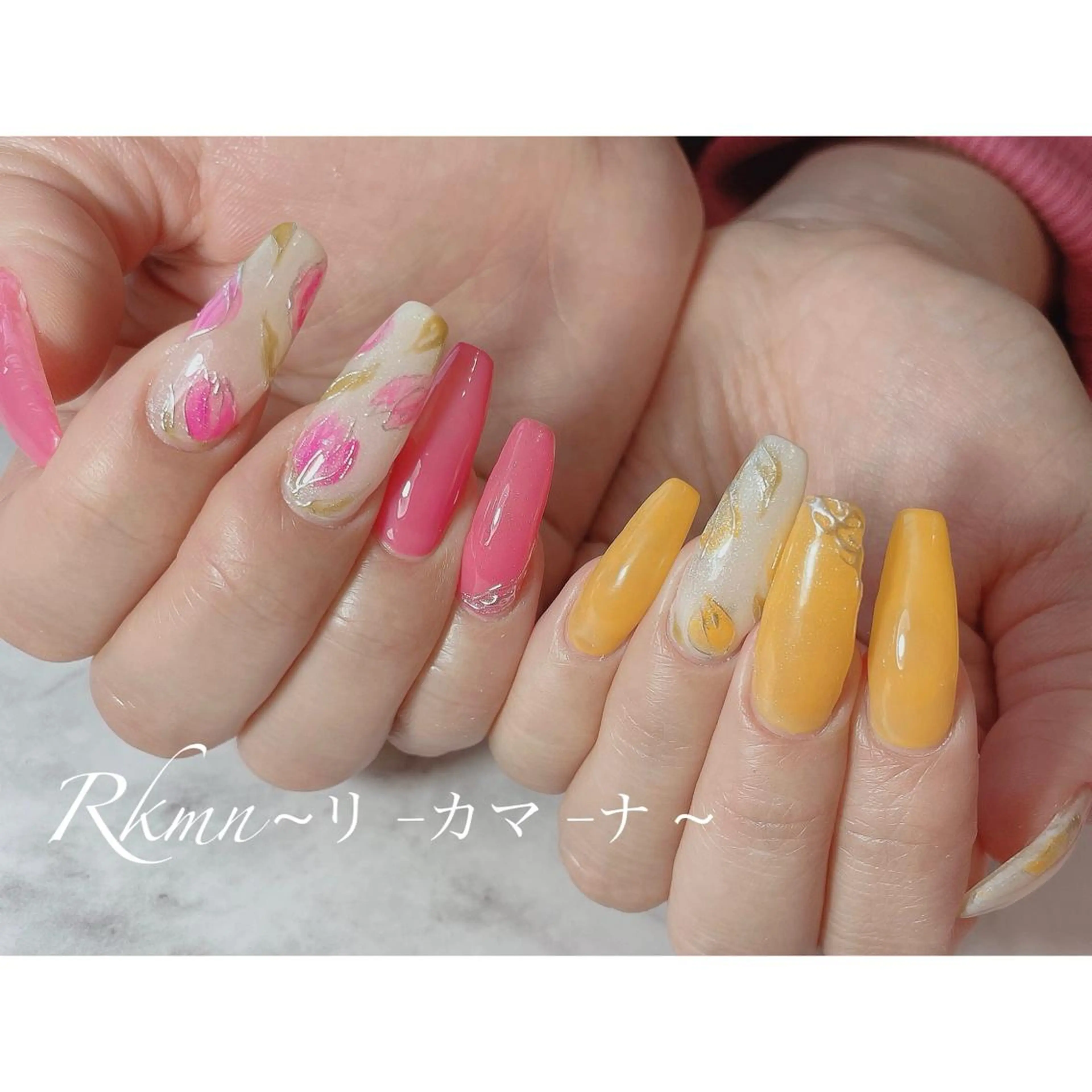 ネイル アートネイル ミラーネイル ピンク 春ネイル 黄色 ハンドネイル フットネイル ハンドケア Rkmn ~リ-カマ-ナ~のネイルデザイン