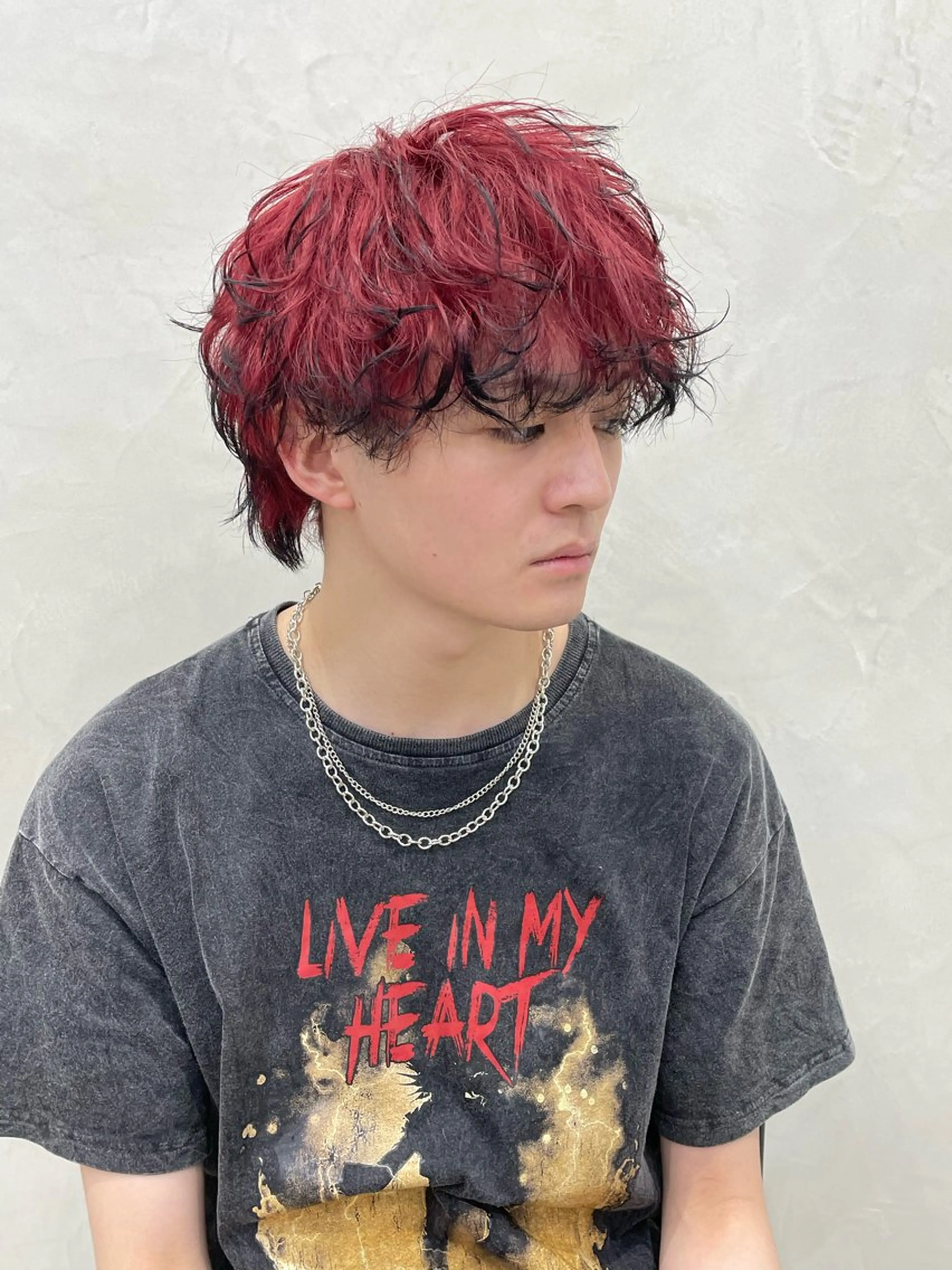 ミディアム カラー パーマ メンズ 黒髪 レッドカラー sol by gisele所属・takumi/パーマ /バレイヤージュのヘアスタイル