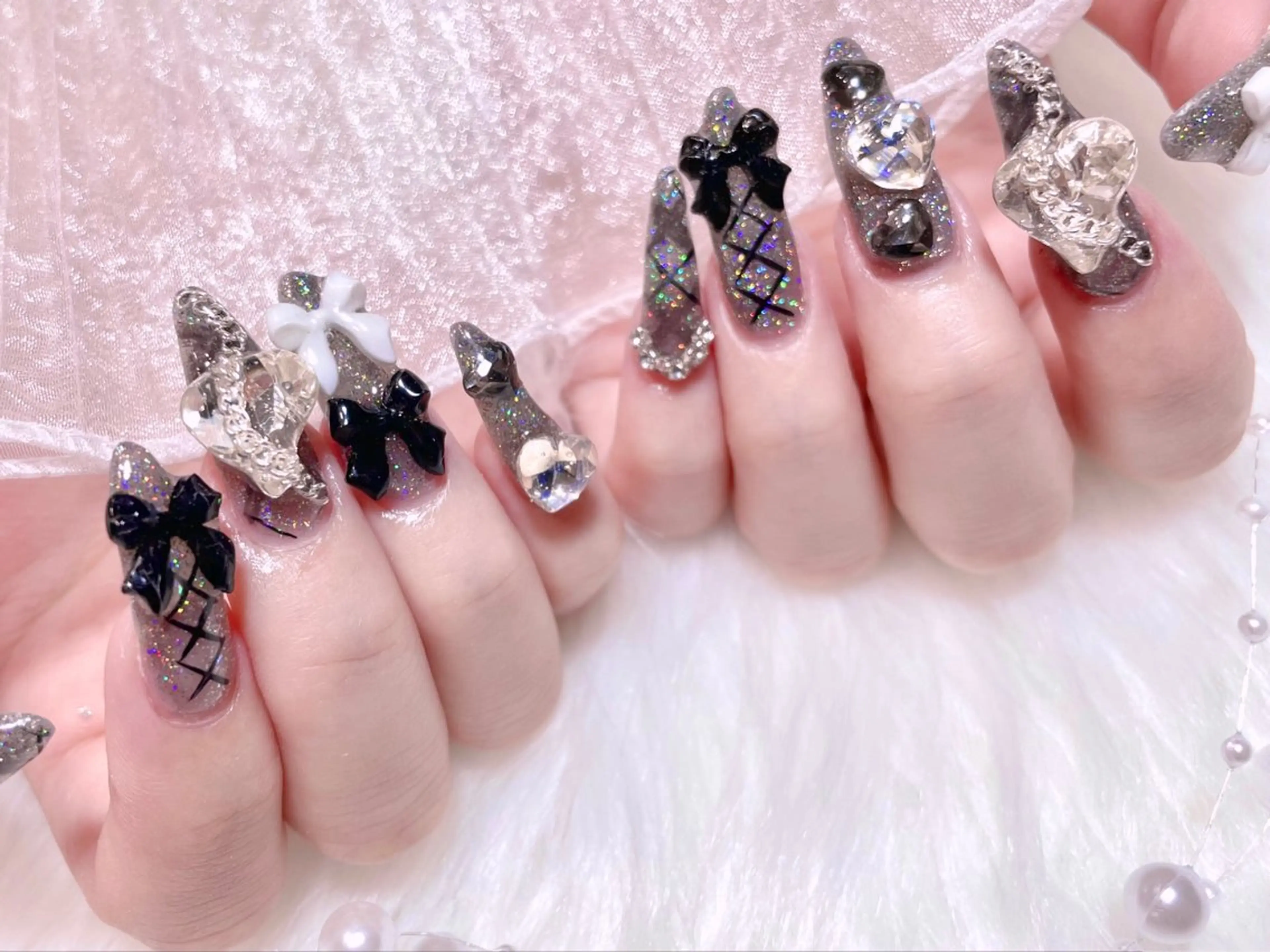 ネイル ロングネイル リボン ゆりか ジョアアンジェ福島のネイルデザイン