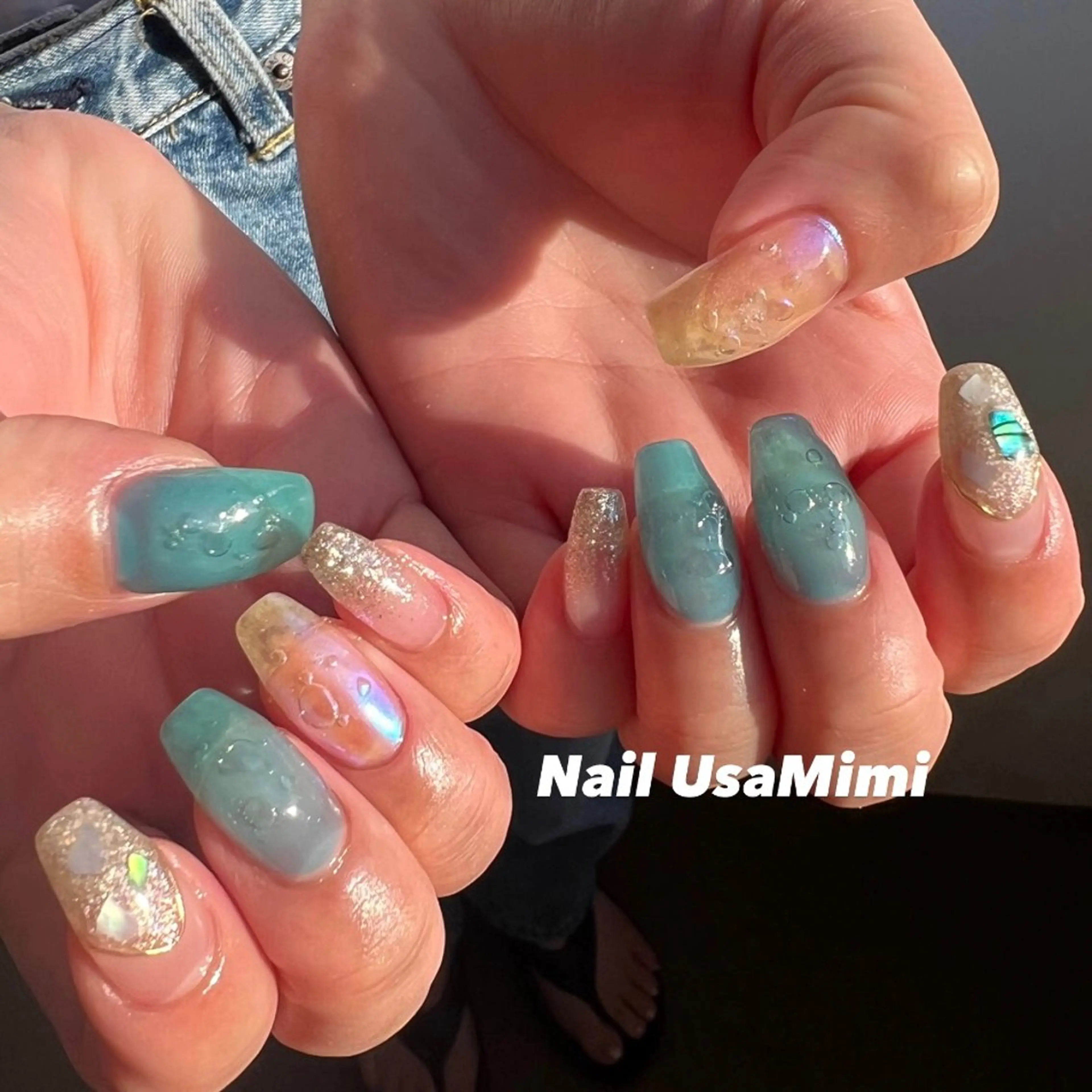 ネイル オーロラネイル フットネイル ジェルネイル 氷ネイル・うるうるネイル キラキラネイル 本町ネイルNail UsaMimiのネイルデザイン