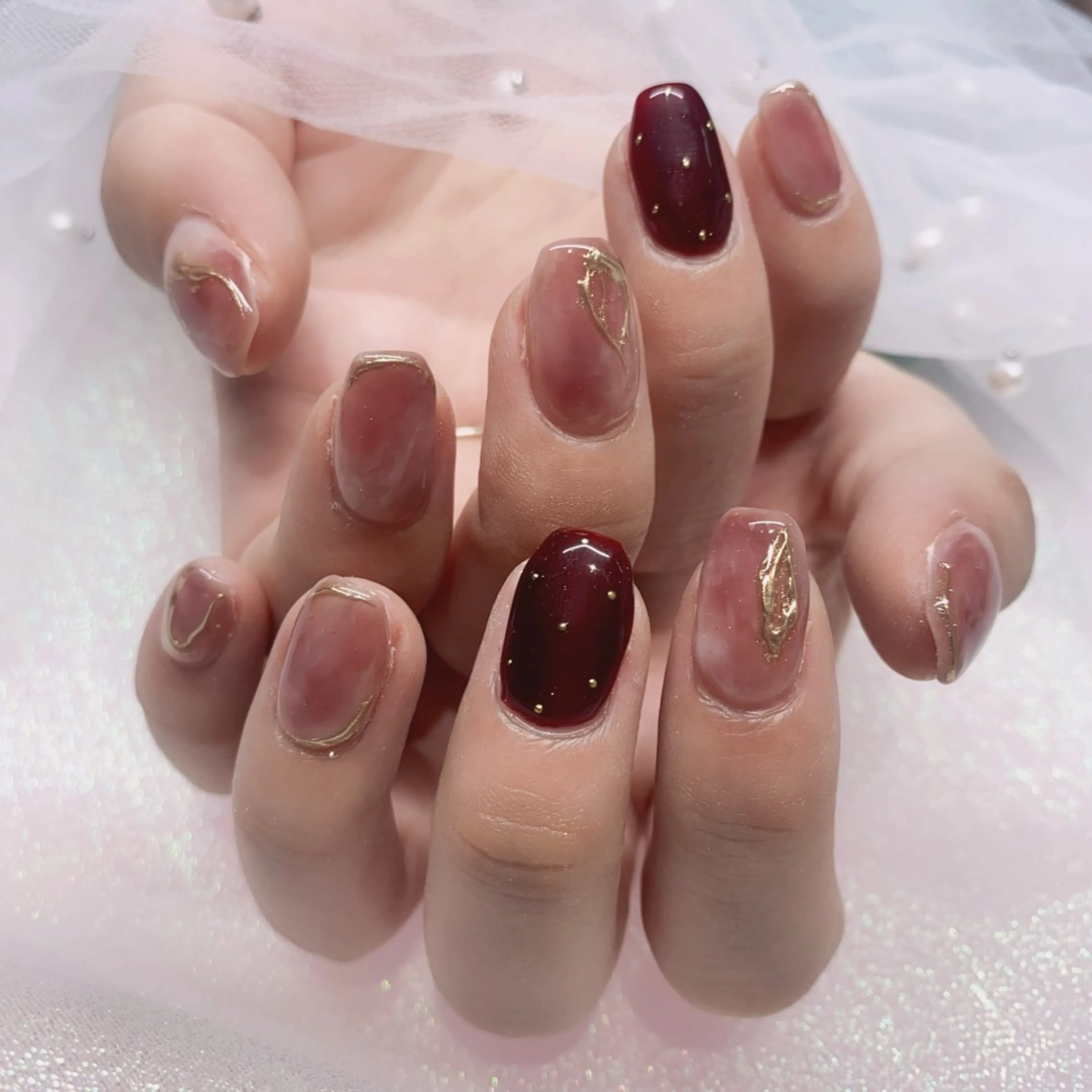 ネイル 長さ出し ジェルネイル キラキラネイル 大理石ネイル(マーブル) ニュアンスネイル Morpho nailのネイルデザイン