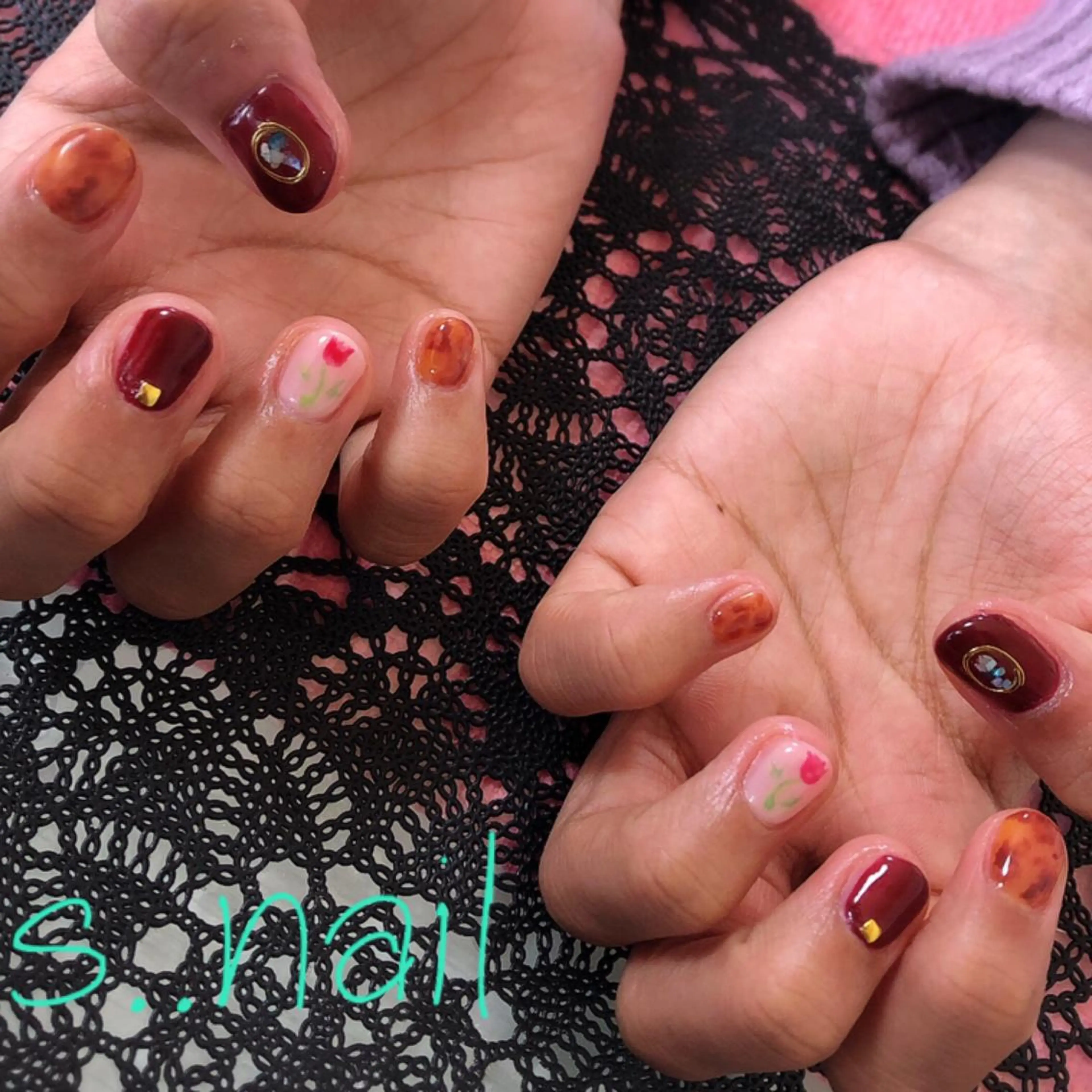 ネイル べっ甲ネイル ボルドー ピンク ハンドネイル フットネイル s..nail / MORITAのネイルデザイン