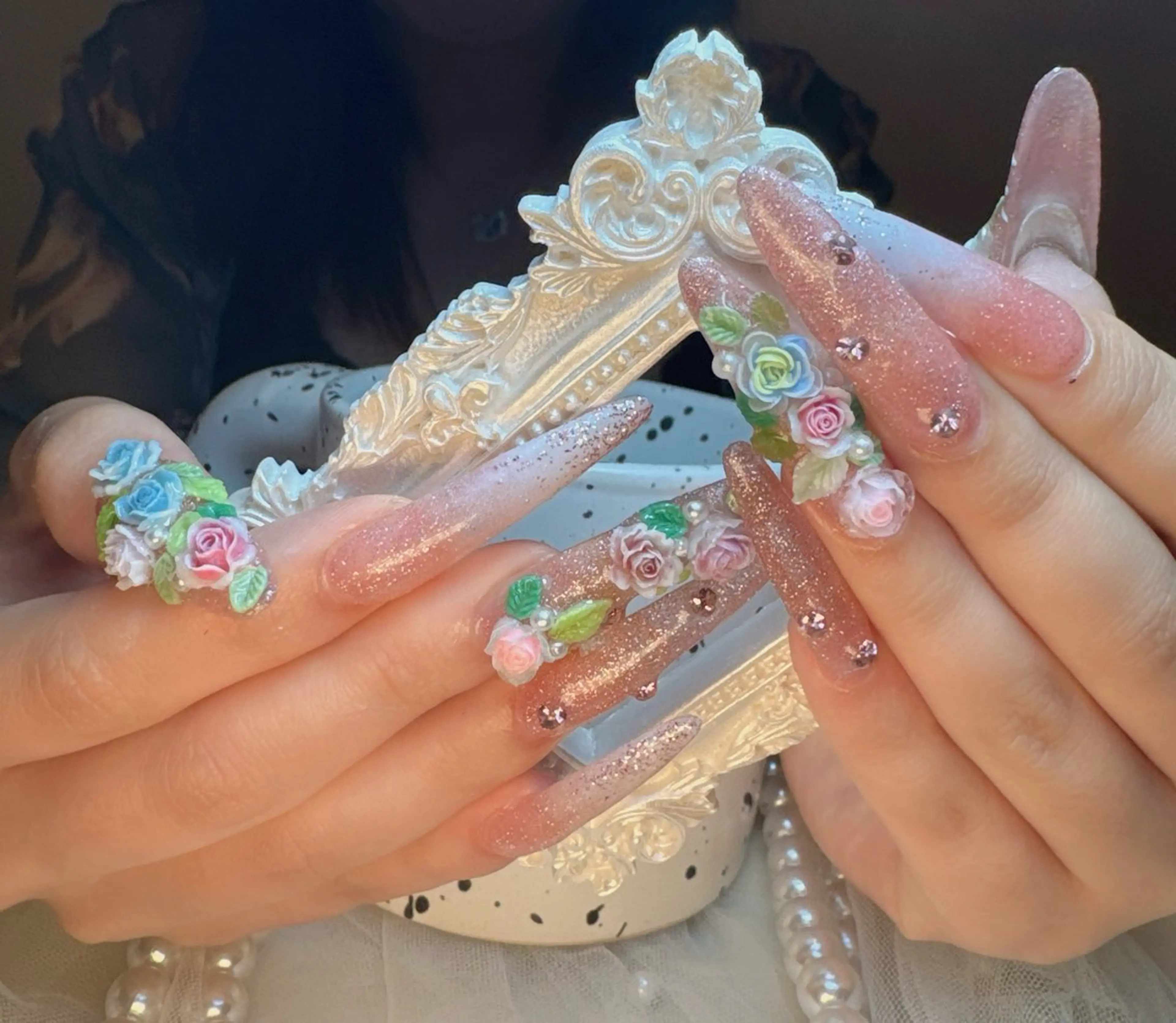 ネイル フラワーネイル ロングネイル 春ネイル 夏ネイル リセス 高田馬場のネイルデザイン