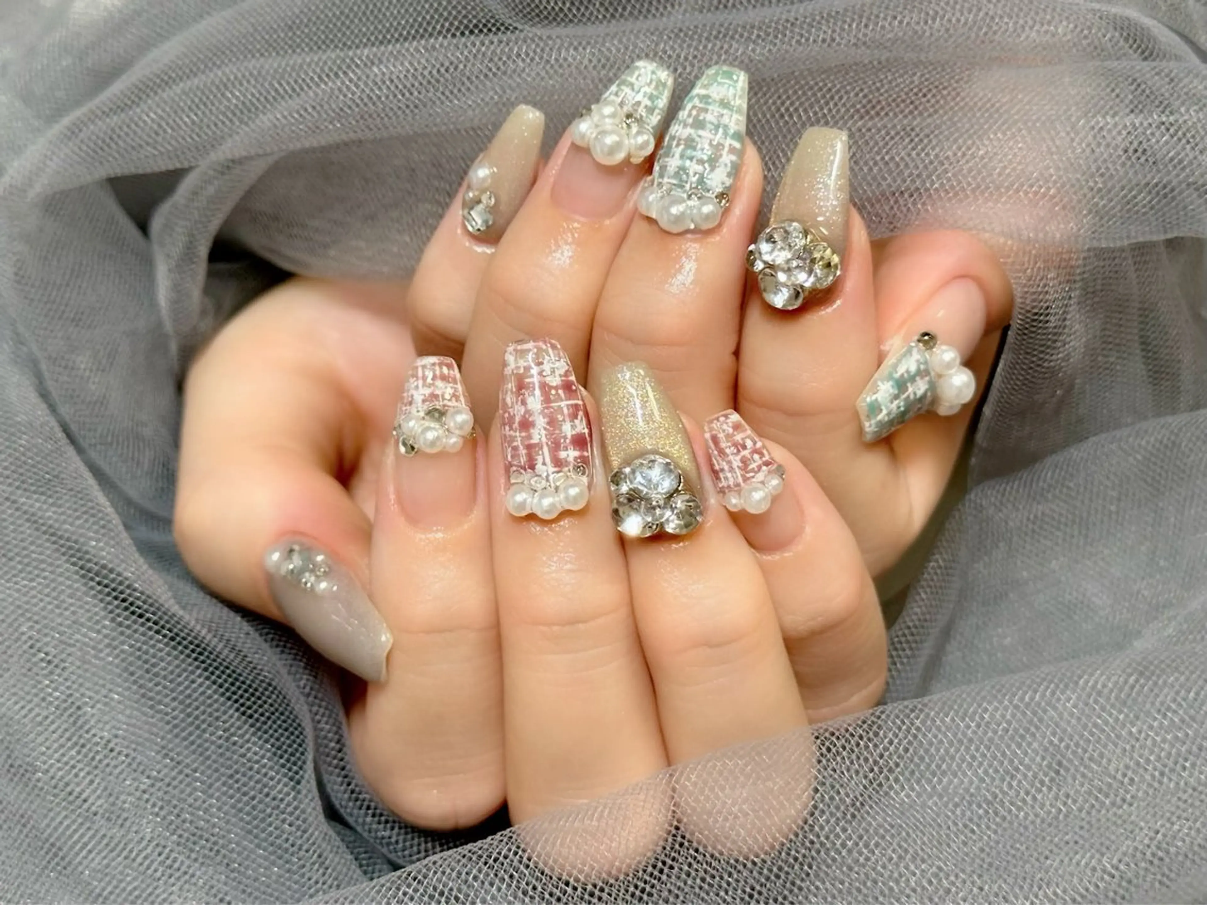 ネイル 水色 ピンク ツイードネイル ハンドネイル KURELLY所属・Nail Salon KURELLYのネイルデザイン